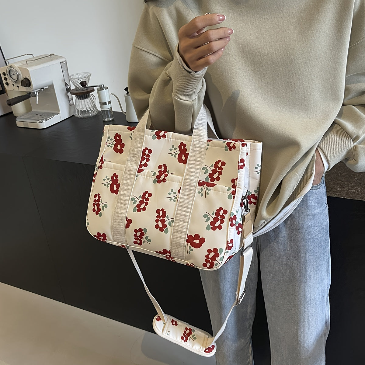 Sac Femme Grande Capacité – Imprimé Tournesol, Cabas et Bandoulière, Bandoulière Longue Ajustable, Matériel Doré, Multi-Compartiments, Tissu Durable pour Travail et Voyage