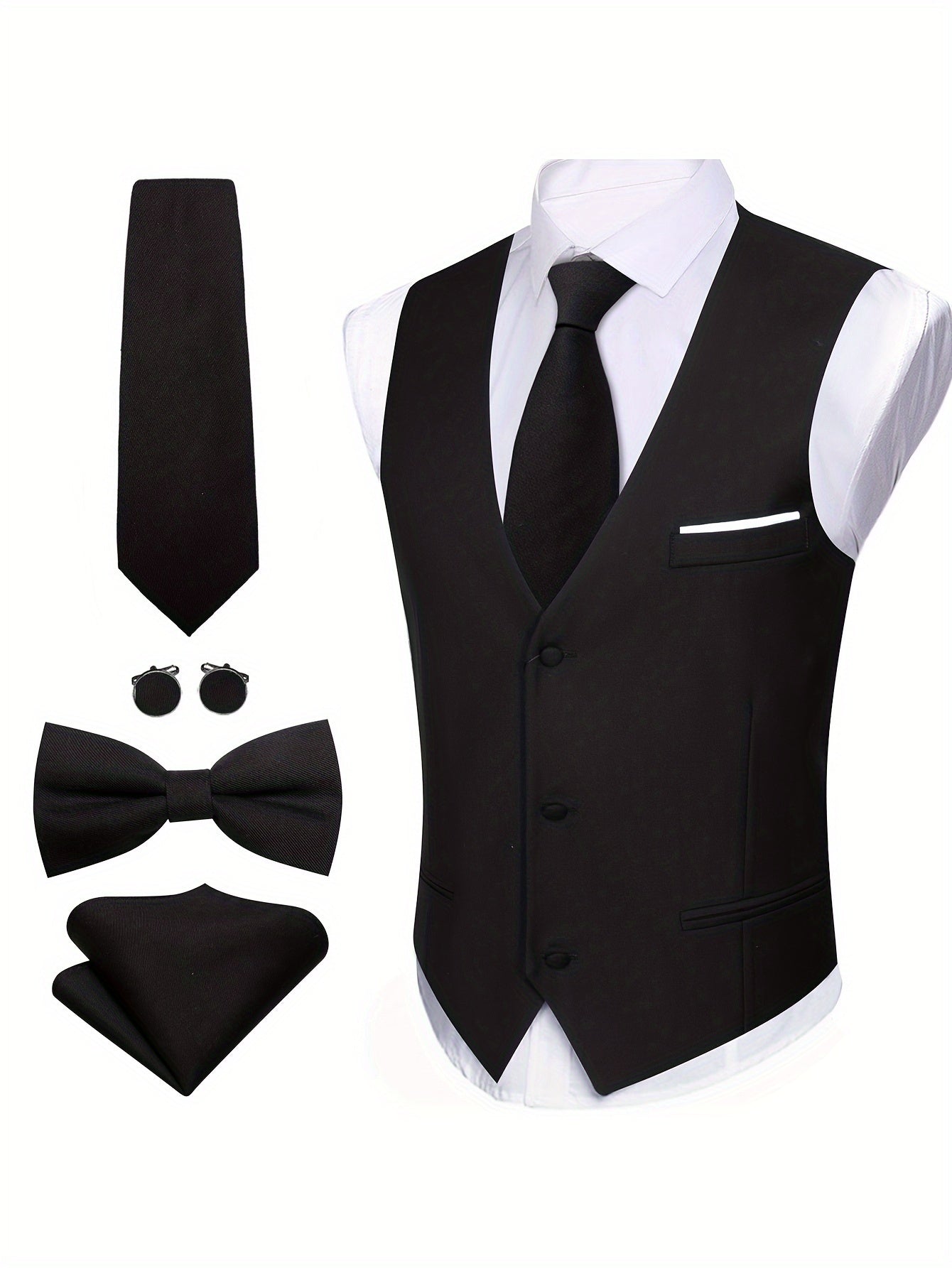 Gilet Homme avec Cravate, Nœud Papillon, Pochette & Boutons de Manchette – Mariage & Fêtes