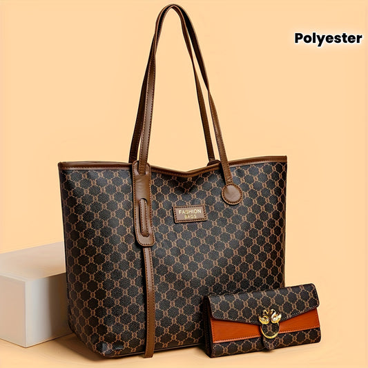 Sac fourre-tout tendance pour femmes – motif géométrique gris et brun foncé, fermeture zippée, doublure polyester