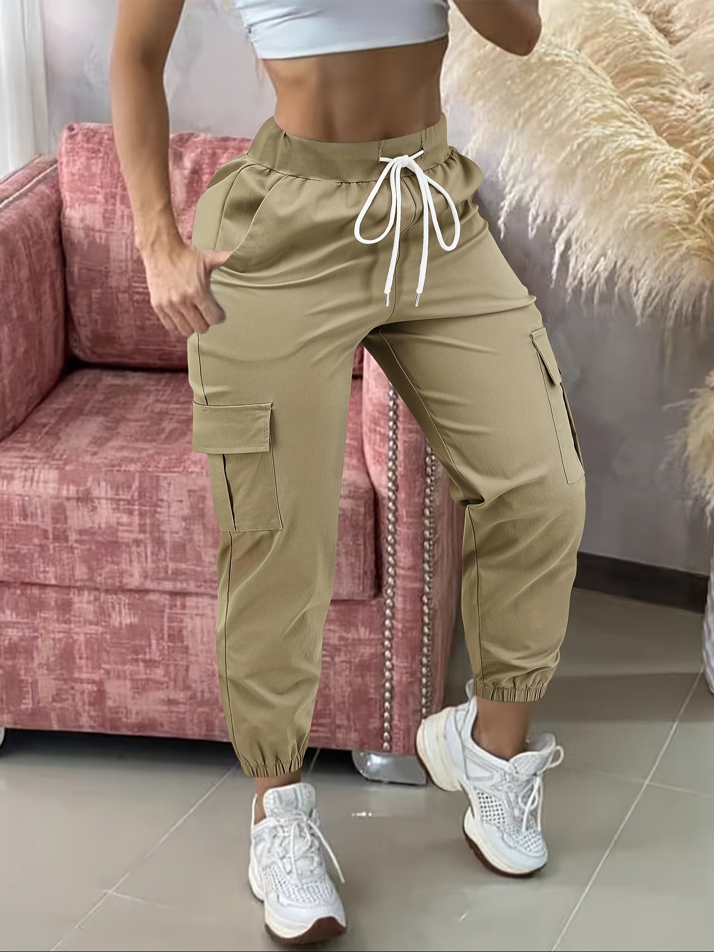 Pantalon Cargo Femme Décontracté – Beige, Taille à Cordon, Multiples Poches, Ourlet Effiloché, Tous Saisons