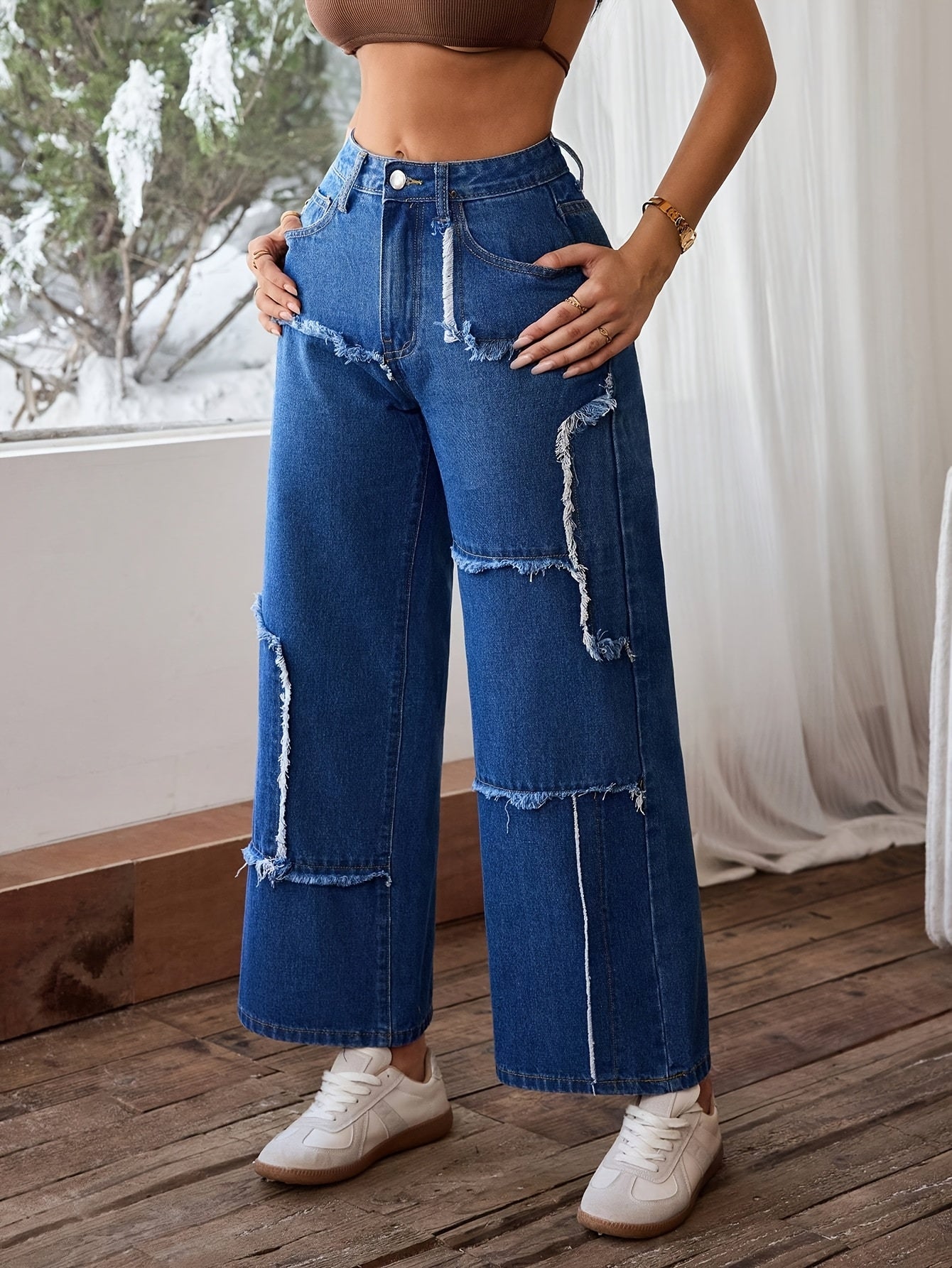 Pantalon Femme Taille Mi-Haute Denim Extensible Jambe Large Effet Déchiré Asymétrique Détail Franges Genou Confort Toute Saison Décontracté Streetwear