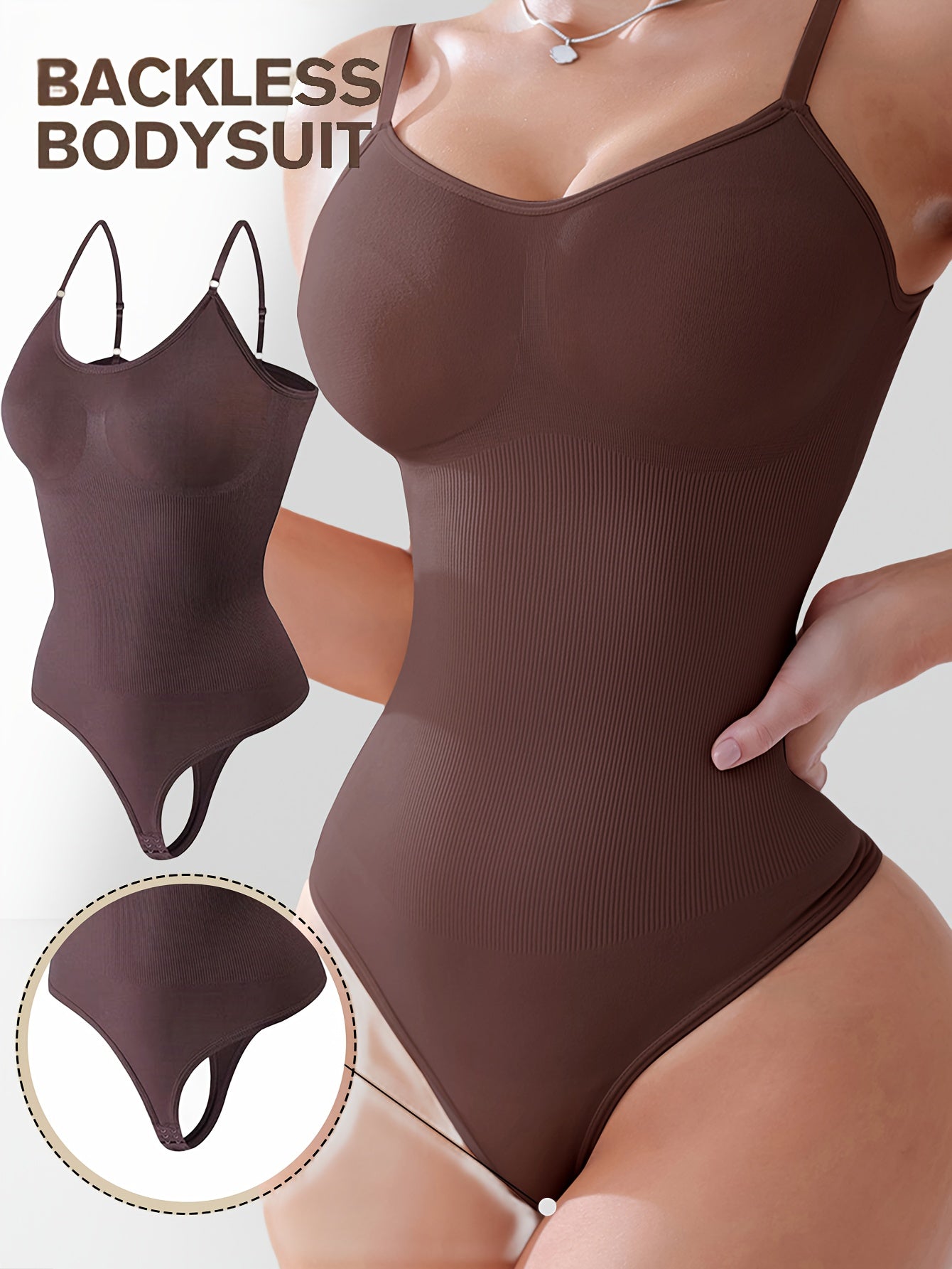 Body femme élégant couleur unie, dos nu, maintien élevé avec contrôle du ventre et effet amincissant, mélange nylon-élasthanne, parfait pour tenue décontractée