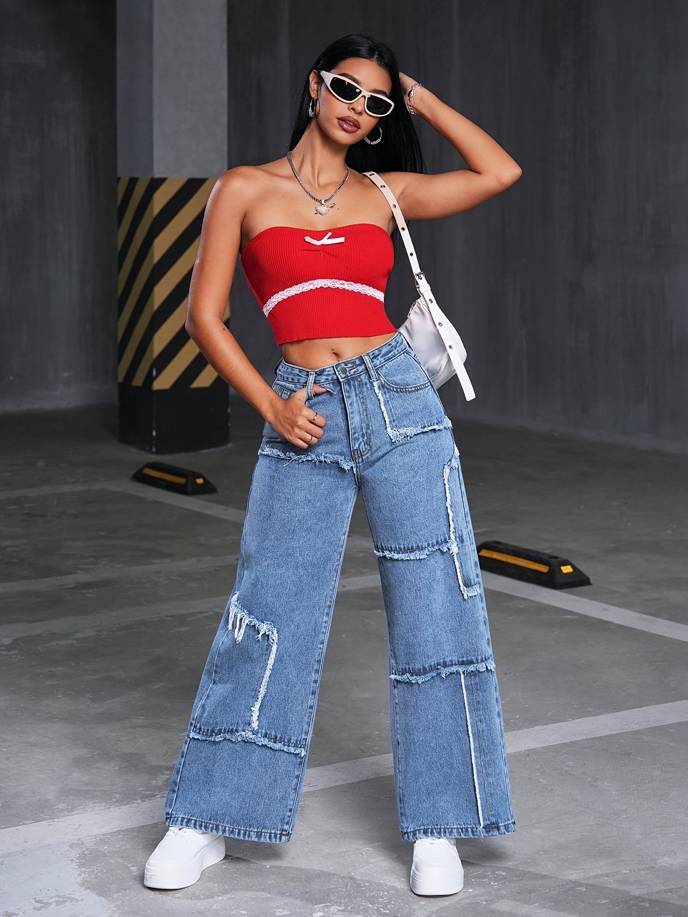 Pantalon Femme Taille Mi-Haute Denim Extensible Jambe Large Effet Déchiré Asymétrique Détail Franges Genou Confort Toute Saison Décontracté Streetwear