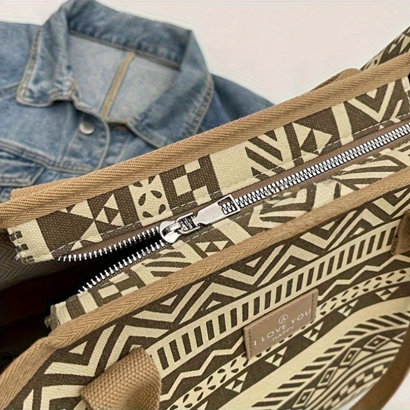 Sac Cabas en Toile Géométrique d’Inspiration Vintage pour Femmes – Grande Capacité, Portable avec Fermeture Éclair, Lavable à la Main, Design Stylé et Motifs, Sac Cabas Quotidien | Design Vintage | Fermeture Éclair, Sac Cabas