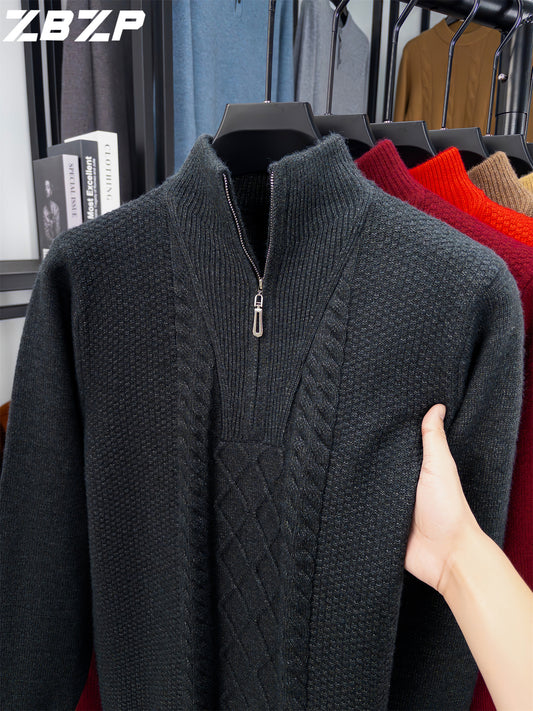 Men'S Thickened Warm Half-Zip Knitted Sweater | Casual Solid Color Stand Collar Sweater for Fall/Winter