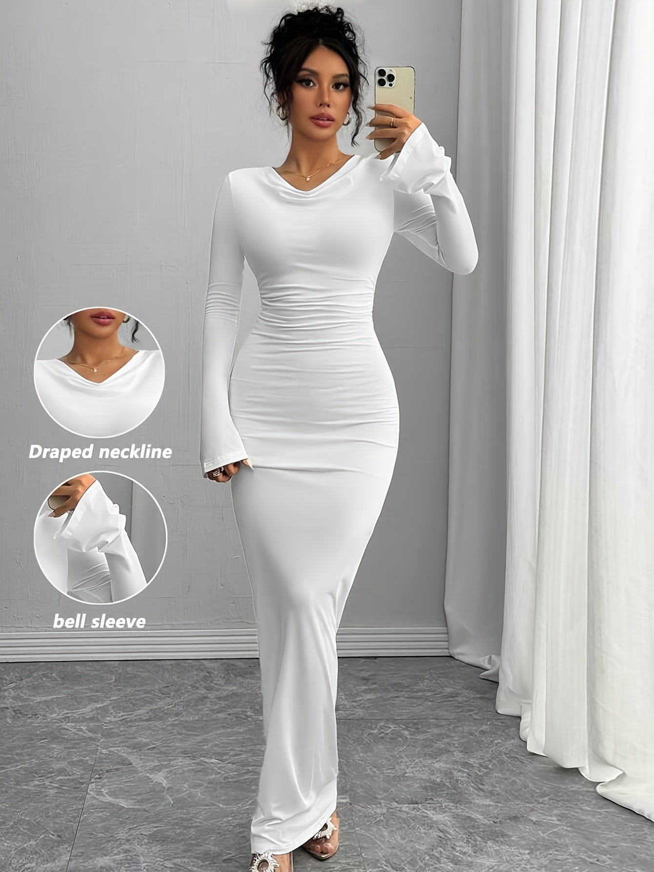 Women's Elegant White Bell Sleeve Maxi Dress - Long Formal Party Wedding Guest Gown, Fitted Dress for Autumn/Winter, Machine Washable with Chest Wrinkle Detail, No  Required, Teacher Outfit & Travel Attire suitable for Weddin