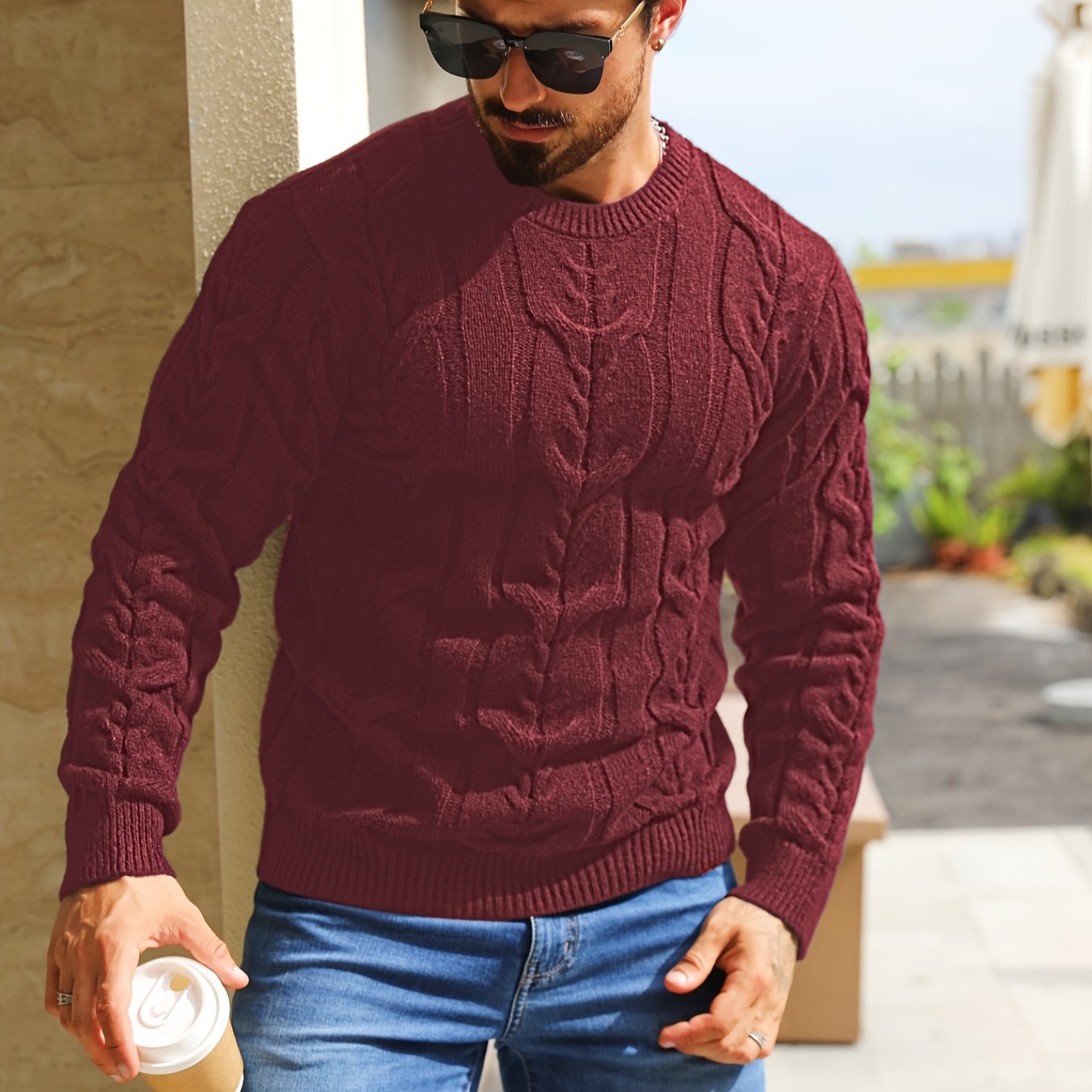 Men's Casual Striped Pullover Sweater - Soft Stretch Knit Crewneck Long Sleeve, Machine Washable H-Fit Ribbed Trim for Autumn Winter, Medium Elasticity Fabric