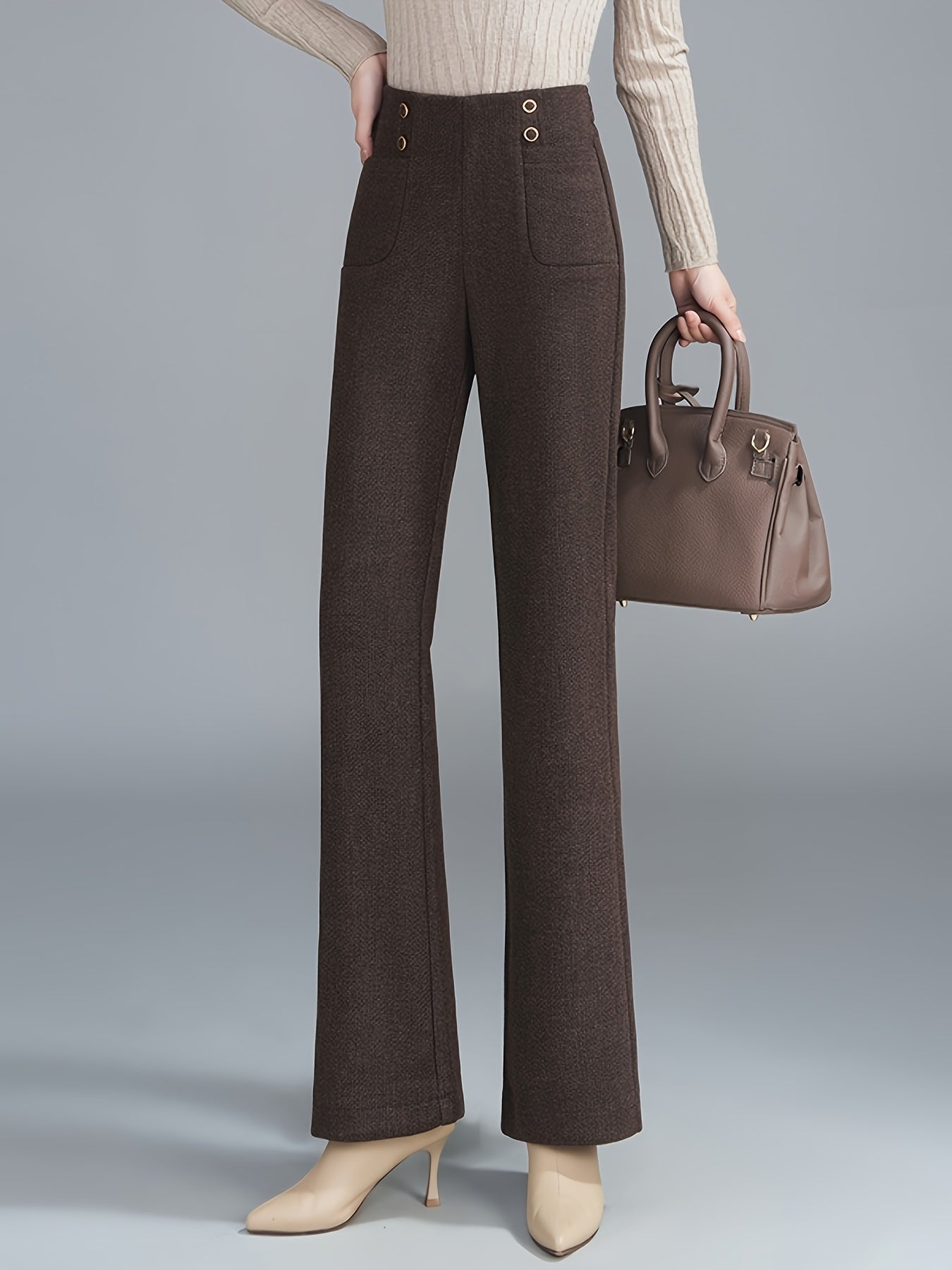 Pantalon Femme en Tweed Laine-Mélange – Jambe Droite, Taille Élastique avec Boutons, Marron Foncé, Automne/Hiver, Élégant et Décontracté