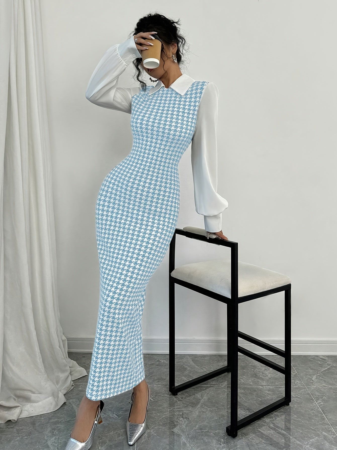 Ladies' Elegant Houndstooth Slim-Fit Lantern Sleeve Dress