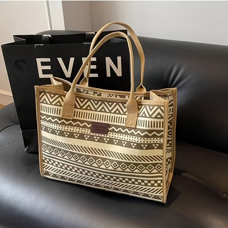 Sac Cabas en Toile Géométrique d’Inspiration Vintage pour Femmes – Grande Capacité, Portable avec Fermeture Éclair, Lavable à la Main, Design Stylé et Motifs, Sac Cabas Quotidien | Design Vintage | Fermeture Éclair, Sac Cabas