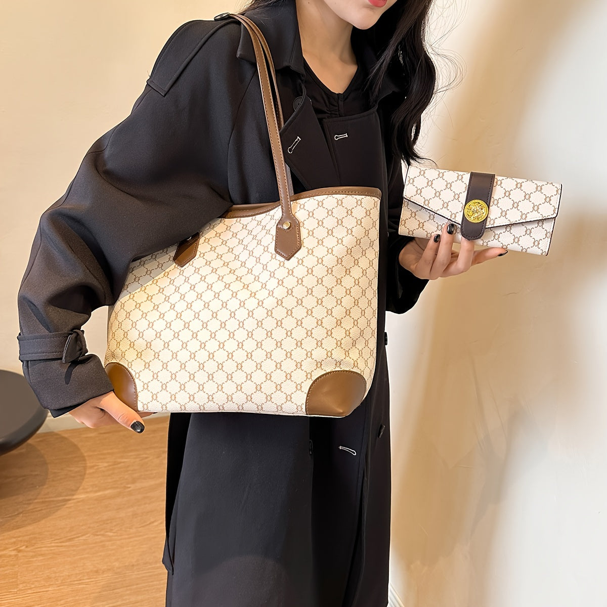 Set sac et portefeuille femmes grand format motif géométrique fermeture éclair blanc marron