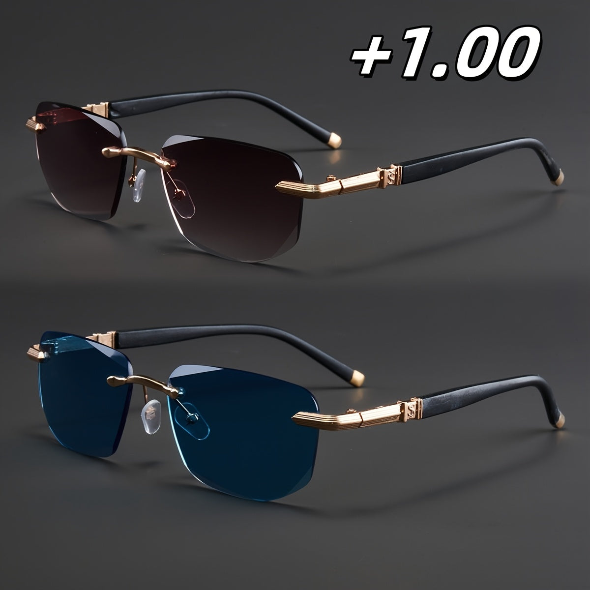 Two Pairs, Bundled Set, Stylish, Men'S, Exquisite, Luxurious, Rimless, Beveled Edge, Reading Glasses, Metal Frame, Options: 100, 150, 200, 250, 300, 350, And 400 Degrees, Without Battery, Christmas Gifts