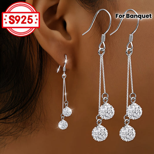 1 paire boucles d’oreilles pendantes pour femmes avec incrustation de 2 perles shamballa design à pompon blingbling en argent S925 accessoire élégant pour un usage quotidien cadeaux festifs mariages fêtes et banquets hypoallergénique