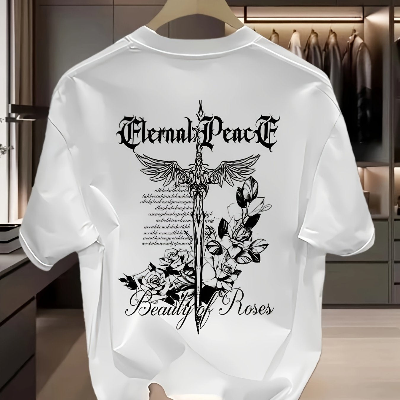 Men's Heavyweight 100% Cotton Graphic T-Shirt - Gothic "Eternal Peace" & "Beauty of Roses" Print, Black Regular Fit Short Sleeve Summer Casual Top, Plus Size Breathable Tee for Casual Attire, Floral Wolf Design, Soft Texture