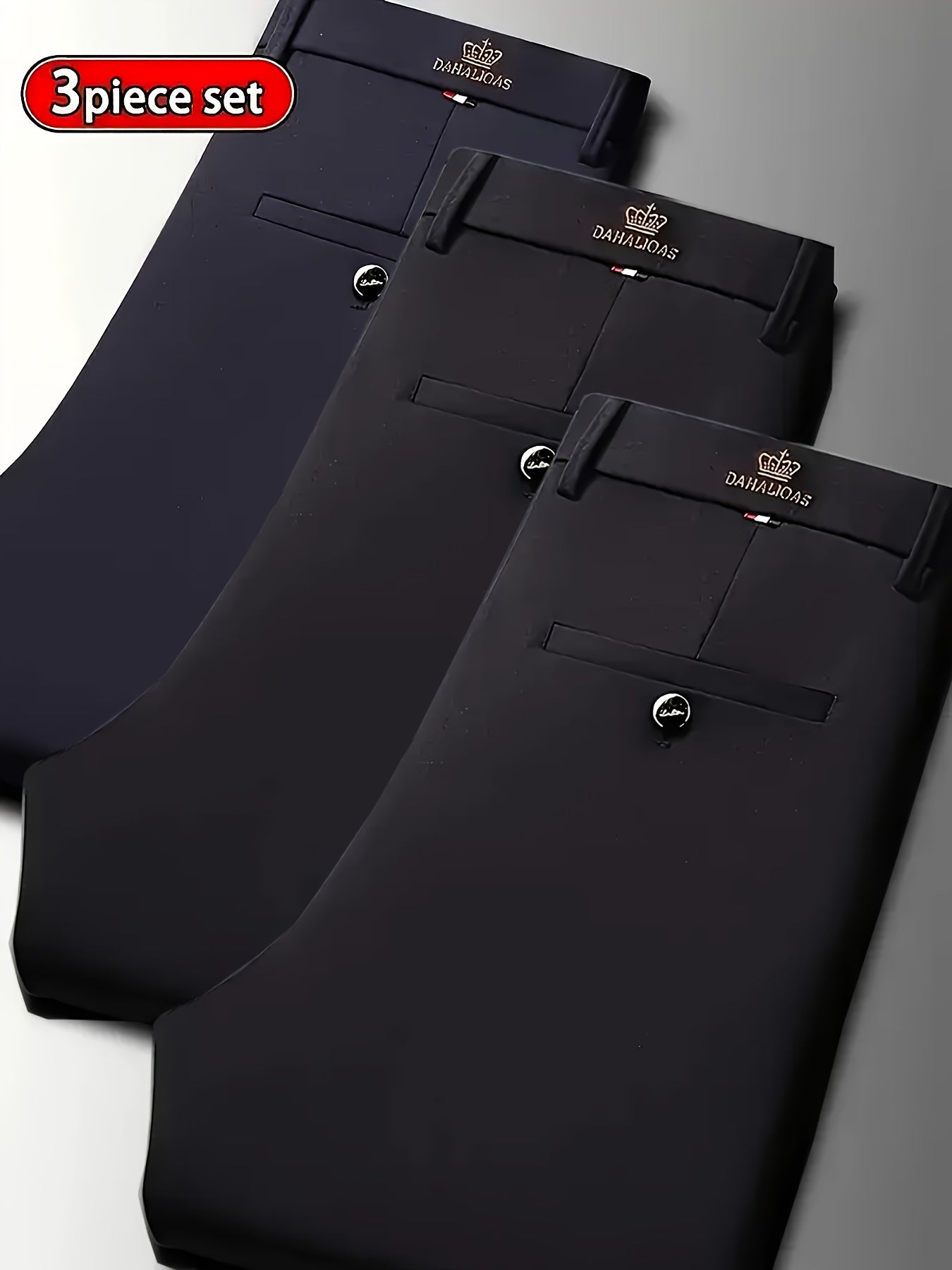 3pcs Pantalons Homme Business Casual – Stretch, Anti-Rides, Tout Saison, Logo, Zipper, Regular Fit