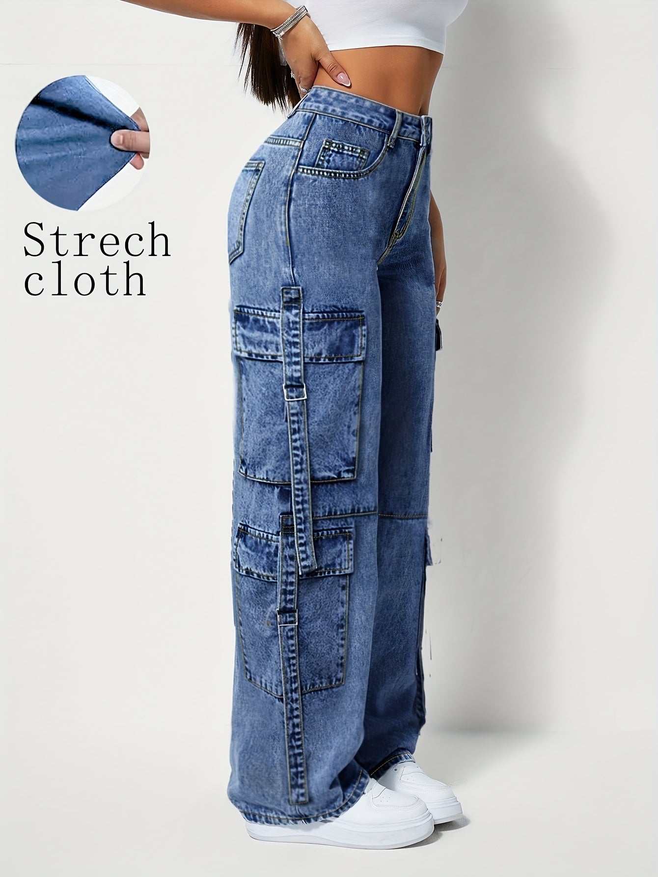 Jeans de travail extensibles taille haute pour femme grande taille – Pantalon cargo large, passants pour ceinture, poches multiples, fermeture à boutons, bleu résistant