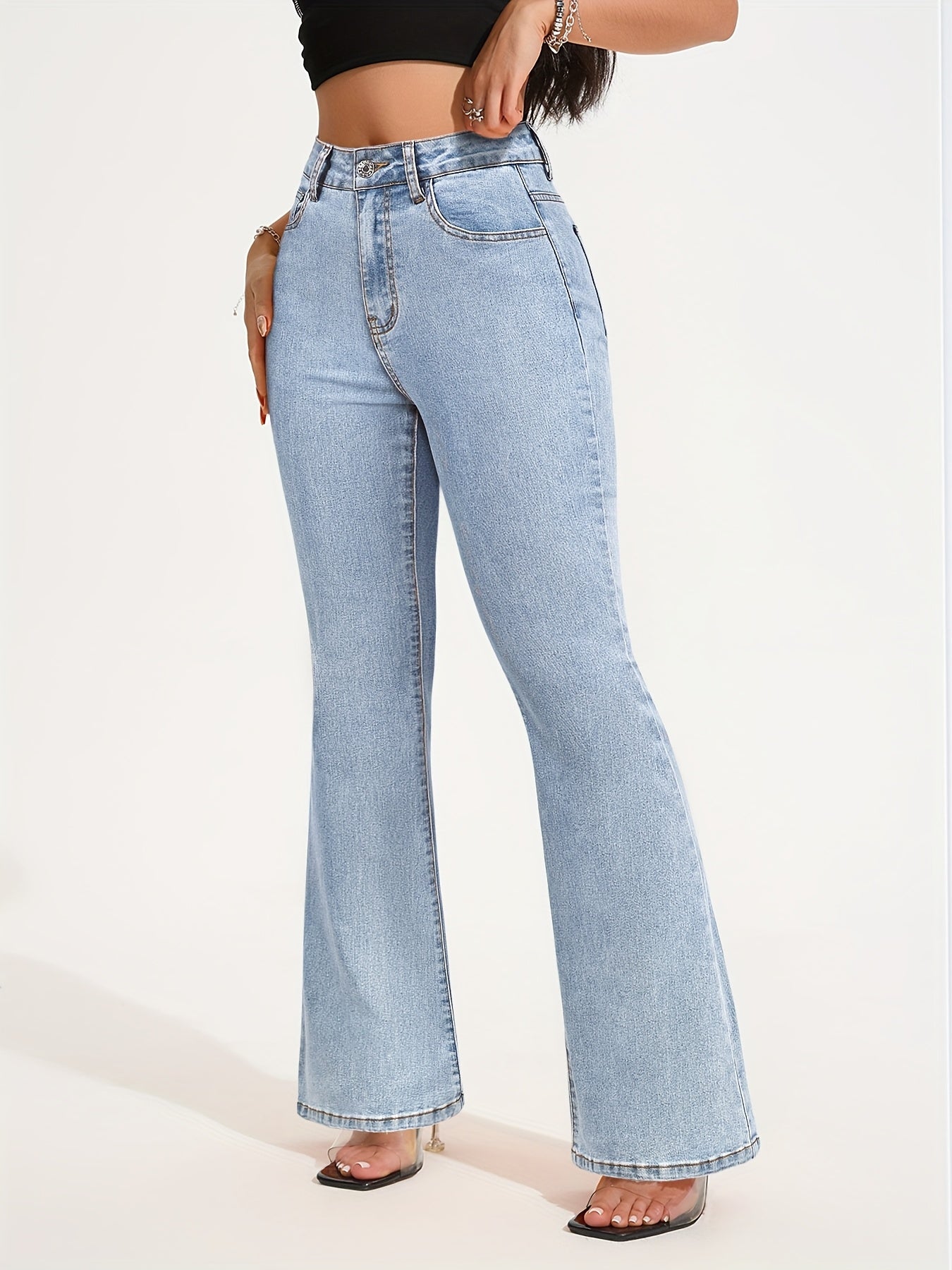 Jean évasé taille haute en denim stretch pour femme - Pantalon élégant gris délavé à jambes évasées avec fermeture à boutons, confortable en toute saison, jean taille haute