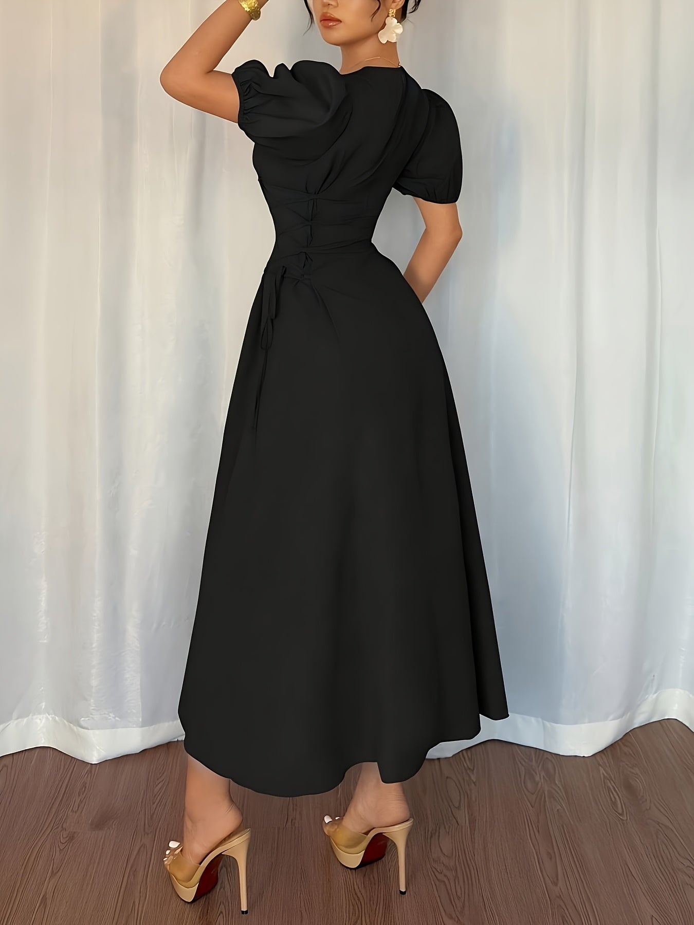 Solid Color Long Dress with Puff Sleeves, Ruffles, and Tie, Suitable for Vacation, Banquet, Party, Formal Wear, and Elegant Dress