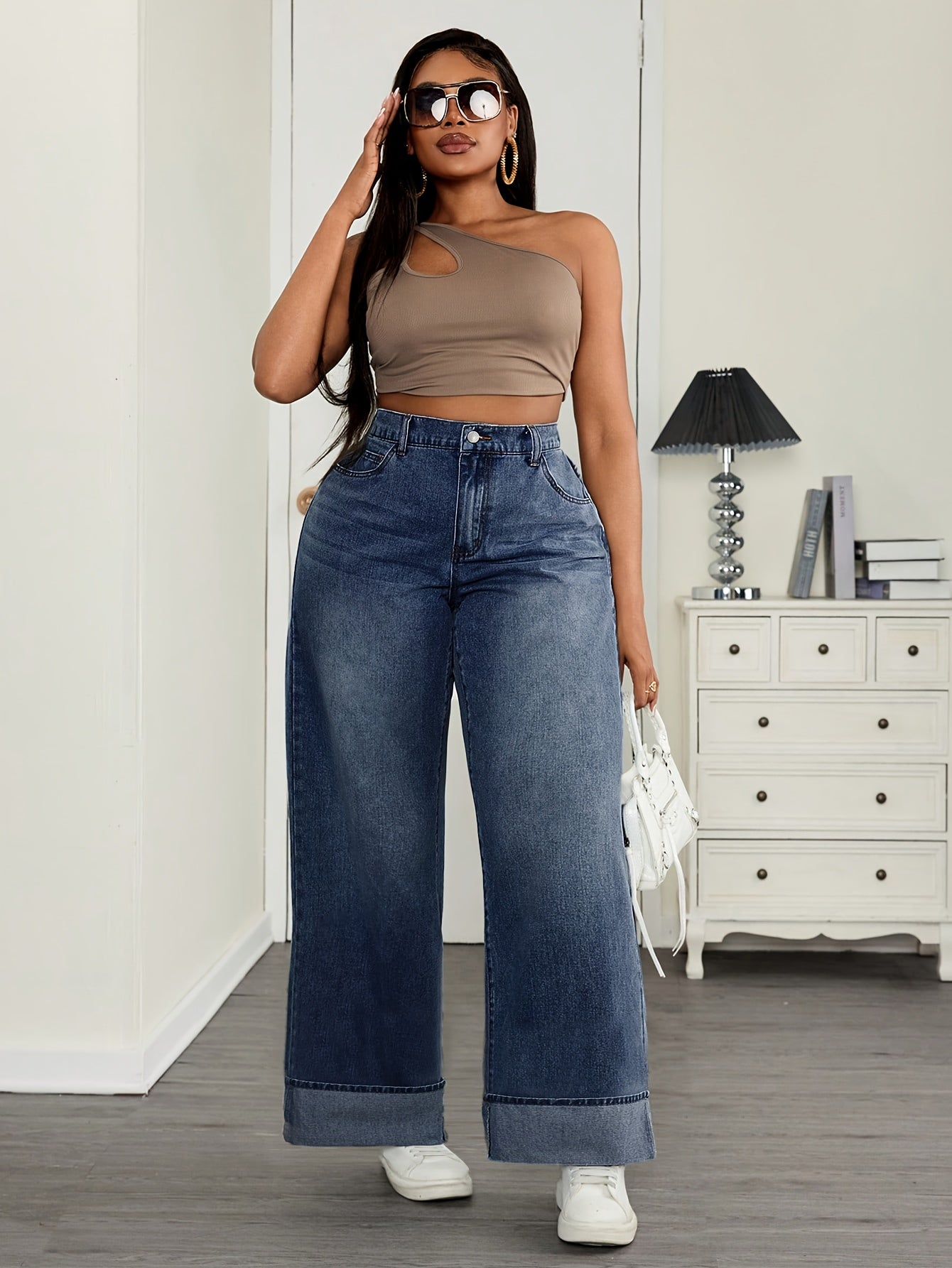 Jeans Femme Grande Taille Jambe Droite Bleu Foncé Non Extensible Fermeture Zippée Toute Saison Polyvalent