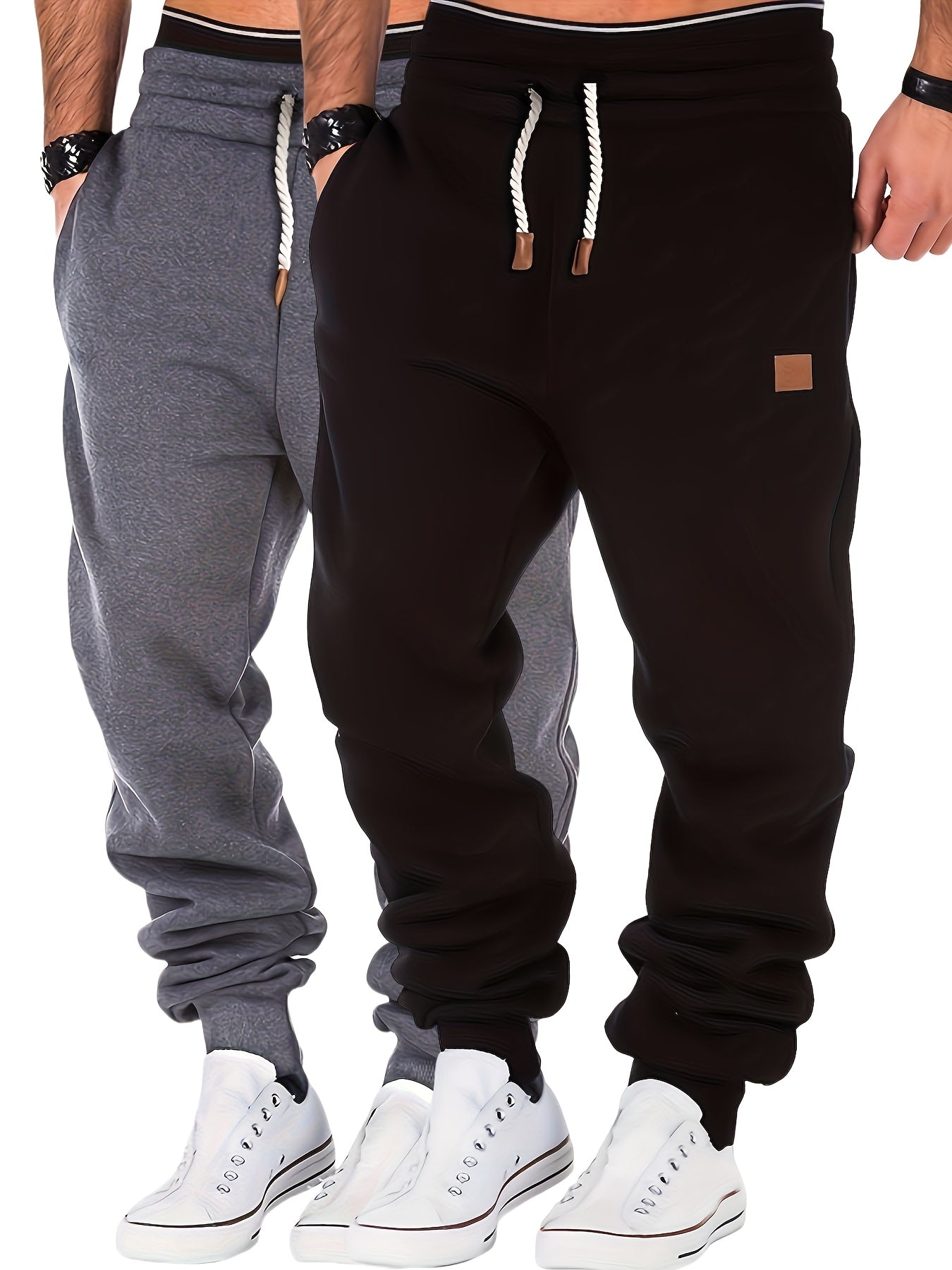 2pcs Joggers Homme – Polaire, Gris, Cordon, Sport & Casual, Hiver