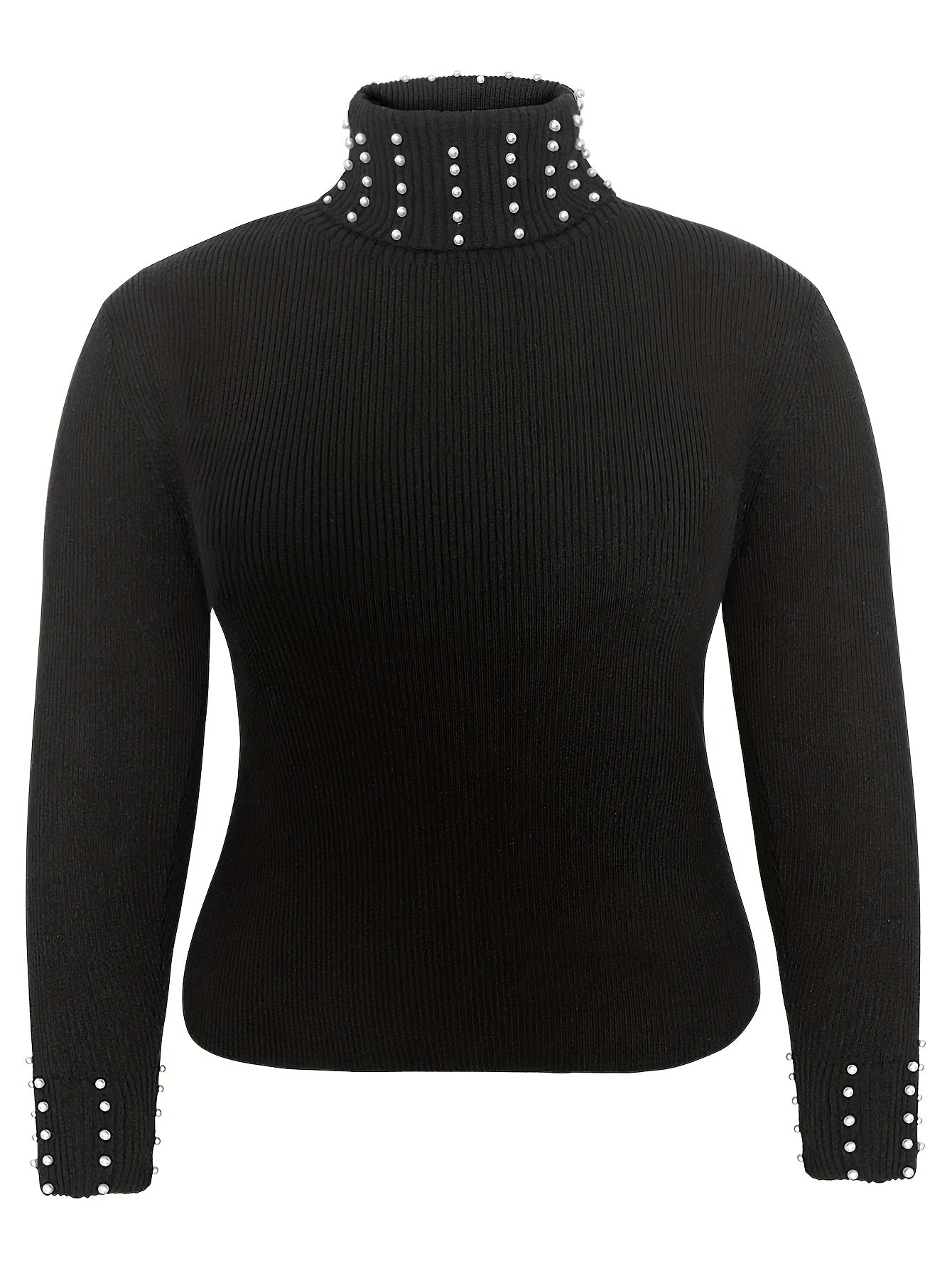 Pull-over élégant pour femmes grande taille, col haut orné de perles, noir extensible, lavable en machine, incontournable chic toute saison
