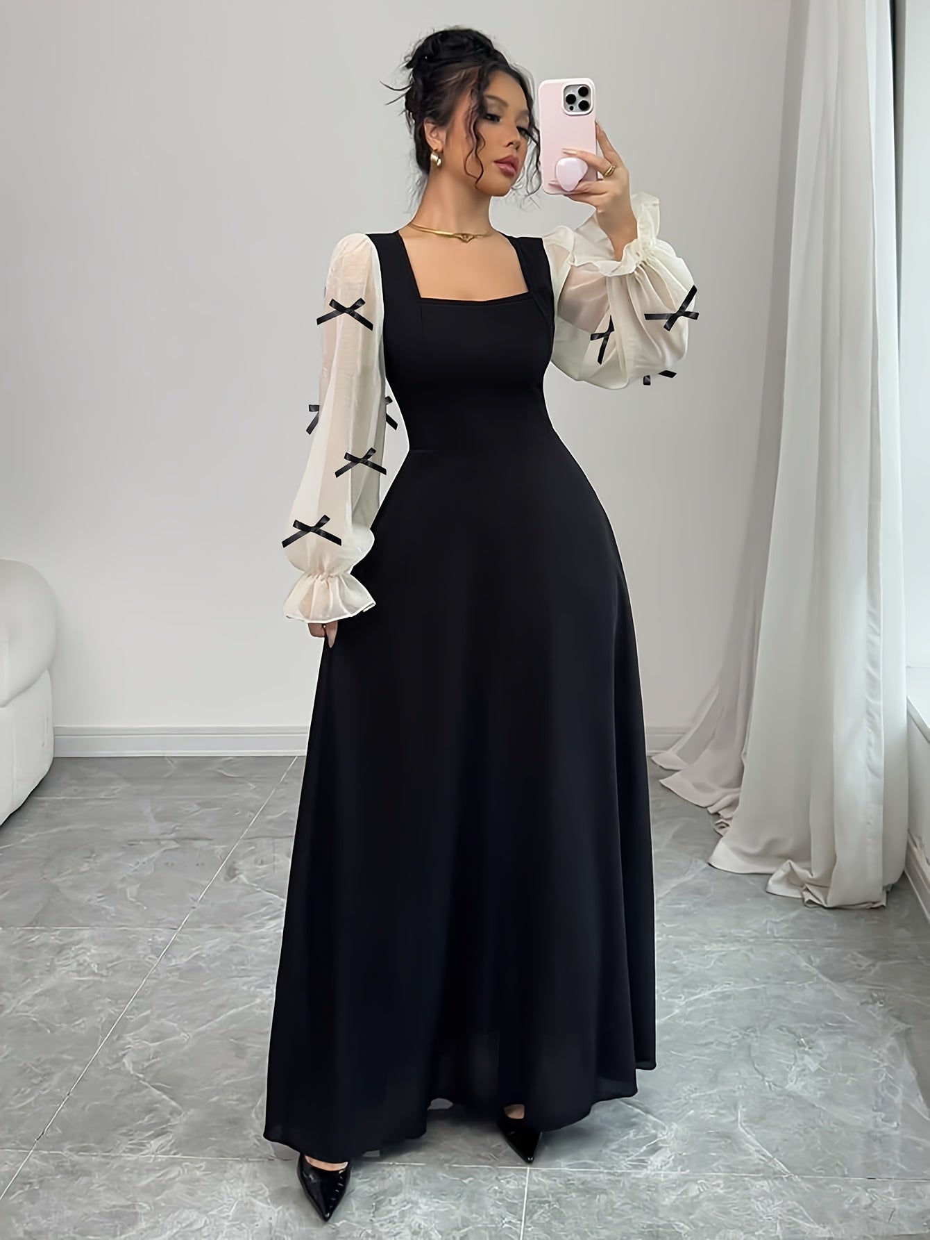 Chic Women'S A-Line Dress with Square Neck, Featuring Chiffon Bell Sleeves And Bow Accents, Perfect for Winter Celebrations, Christmas Parties, New Year Festivities, And Thanksgiving Gatherings.