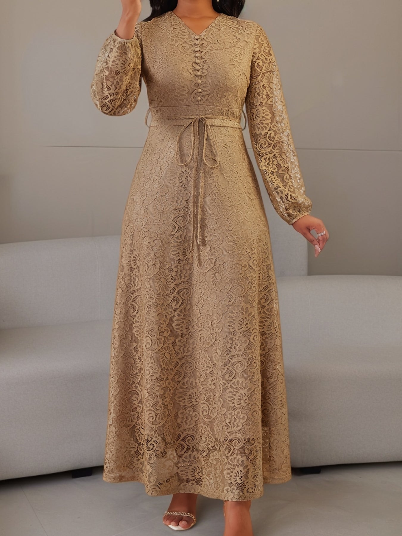 Robe Femme Printemps/Automne – Élégante et Tendance, Pour Bureau ou Fête, Dentelle Florale, Couleur Unie, Semi-Transparente avec Ceinture et Doublure, Col V, Faux Boutons avec Fermeture Éclair, Manches Longues, Jupe Évasée Maxi