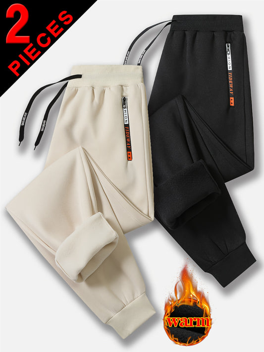 Pantalons décontractés pour homme (2 pièces) – sweatpants amples avec cordon, poches zippées, doublure chaude, couleur unie, idéals automne/hiver, sport et activités quotidiennes