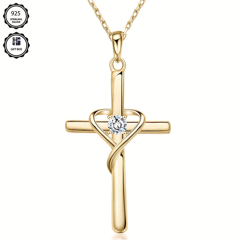 Collier croix pour femme en argent 925, zirconia synthétique doré, design élégant et raffiné, parfait pour un usage quotidien, cadeau idéal pour la Saint-Valentin, Noël ou anniversaire, livré dans un coffret cadeau raffiné