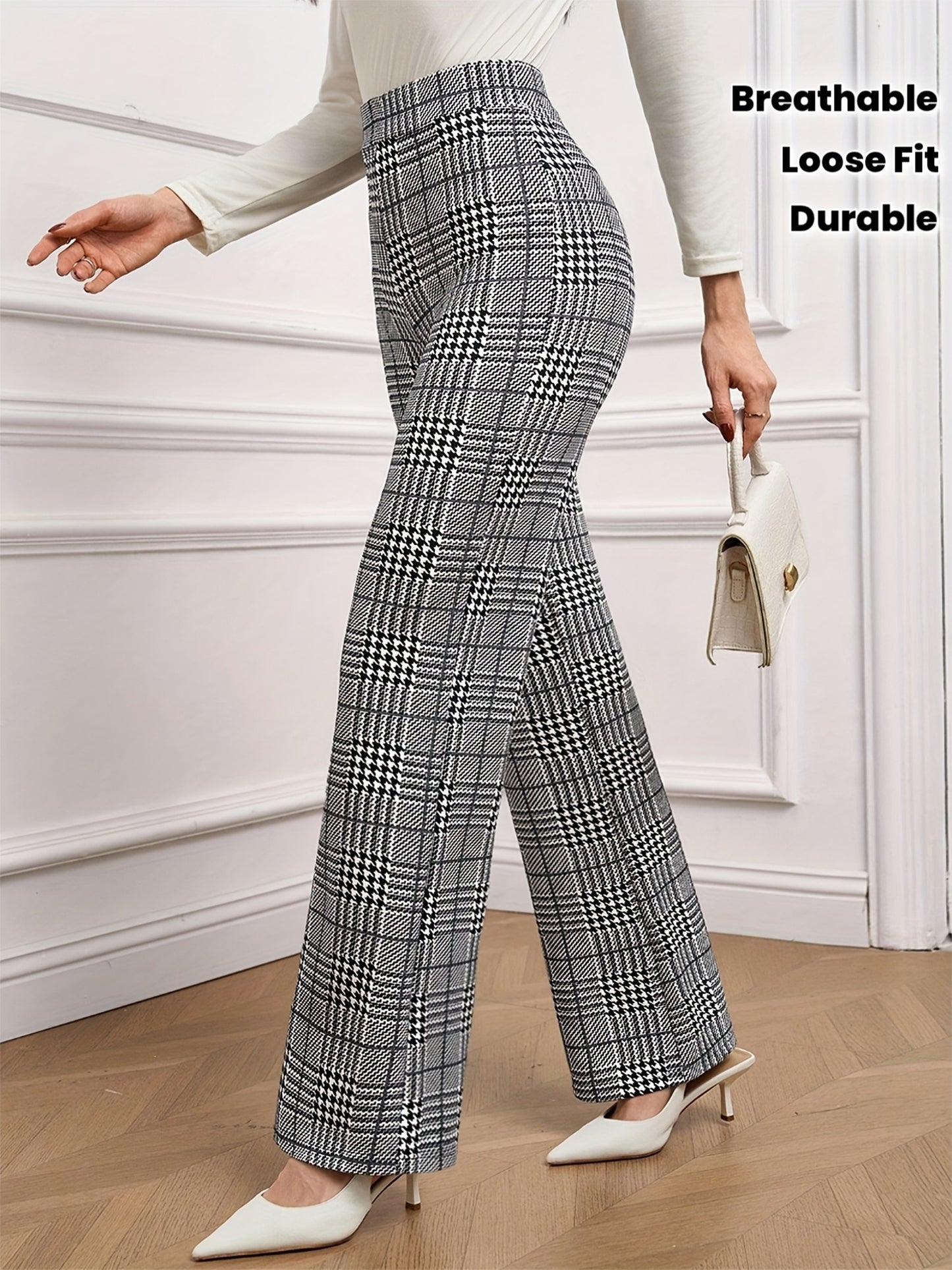 Pantalon Femme Élégant Extensible – Jambe Droite, Motif Carreaux Classique, Confortable et Polyvalent