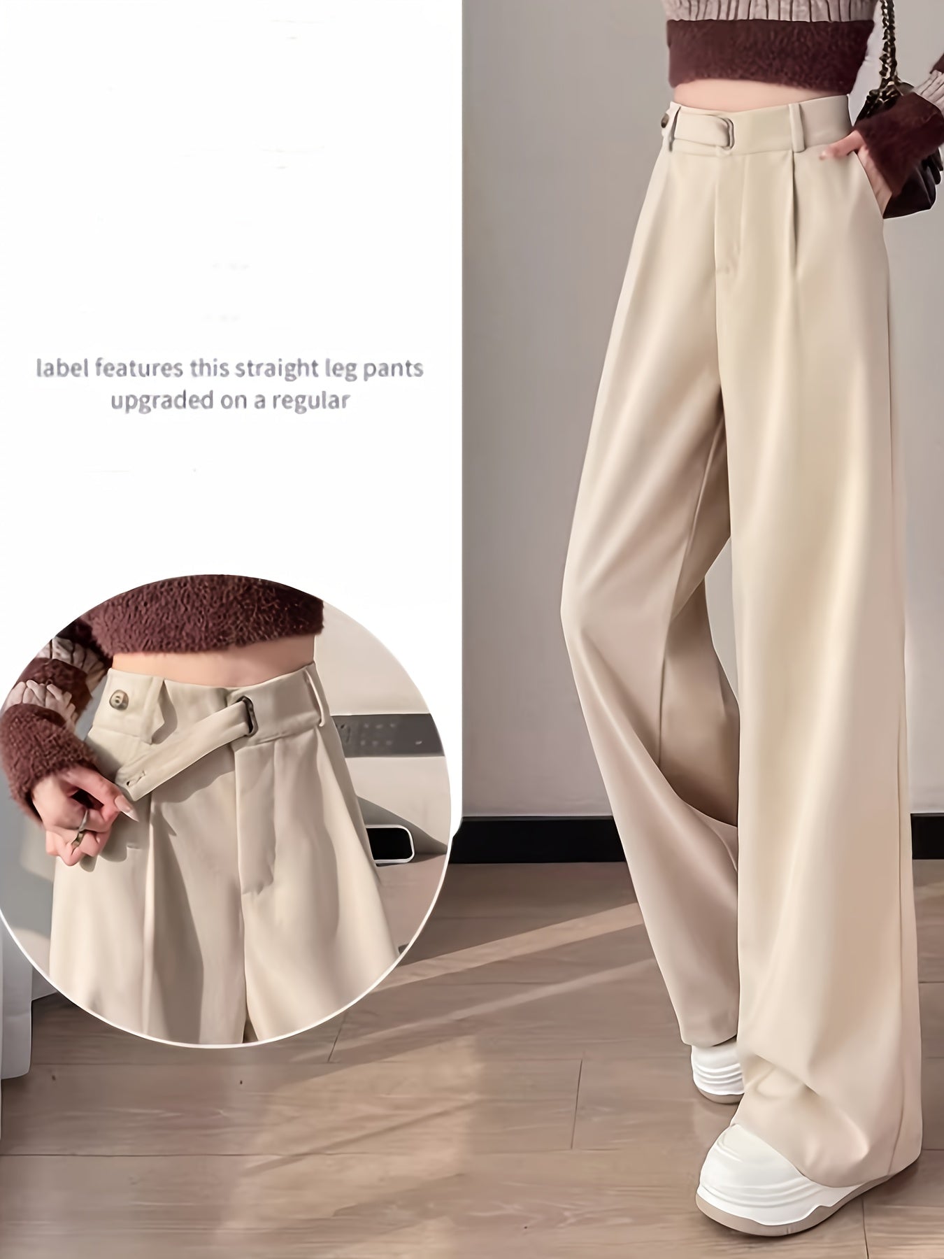 Pantalon Femme en Tweed – Gris, Taille Haute, Jambe Droite, Automne/Hiver, Sans Ceinture