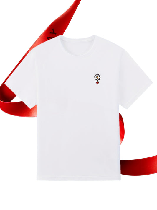 Flower Embroidery Label Men's Trendy Short Sleeve Crew Neck T-shirt, Summer Outdoor