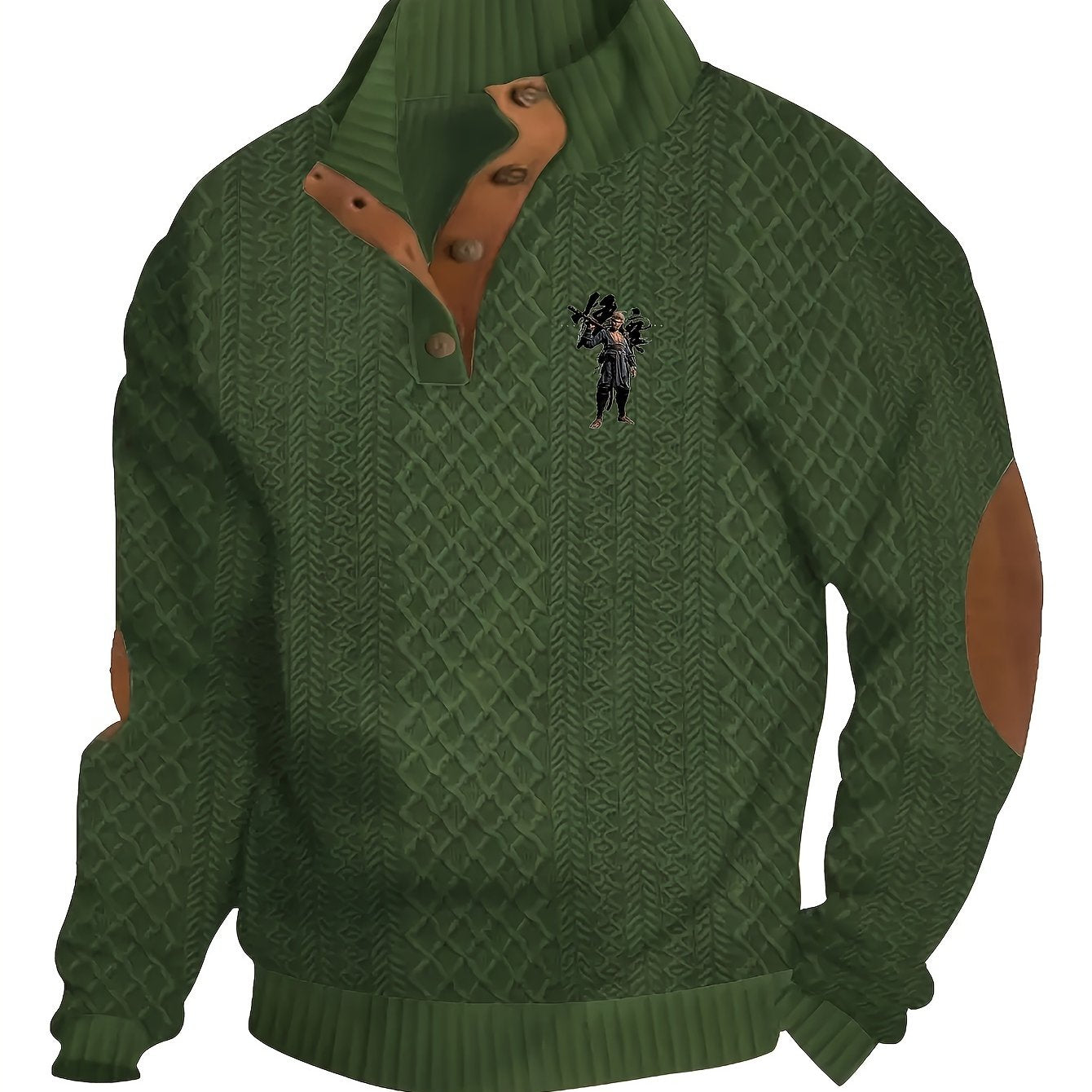 Men's Thermal Fleece-Lined Winter Sweater - Stand Collar Long Sleeve Cable-Knit Pullover with Button Detail, Solid Color Casual Outdoor Wear, Machine Washable, Knit Sweater, Stylish Knitwear, Jacquard Pattern