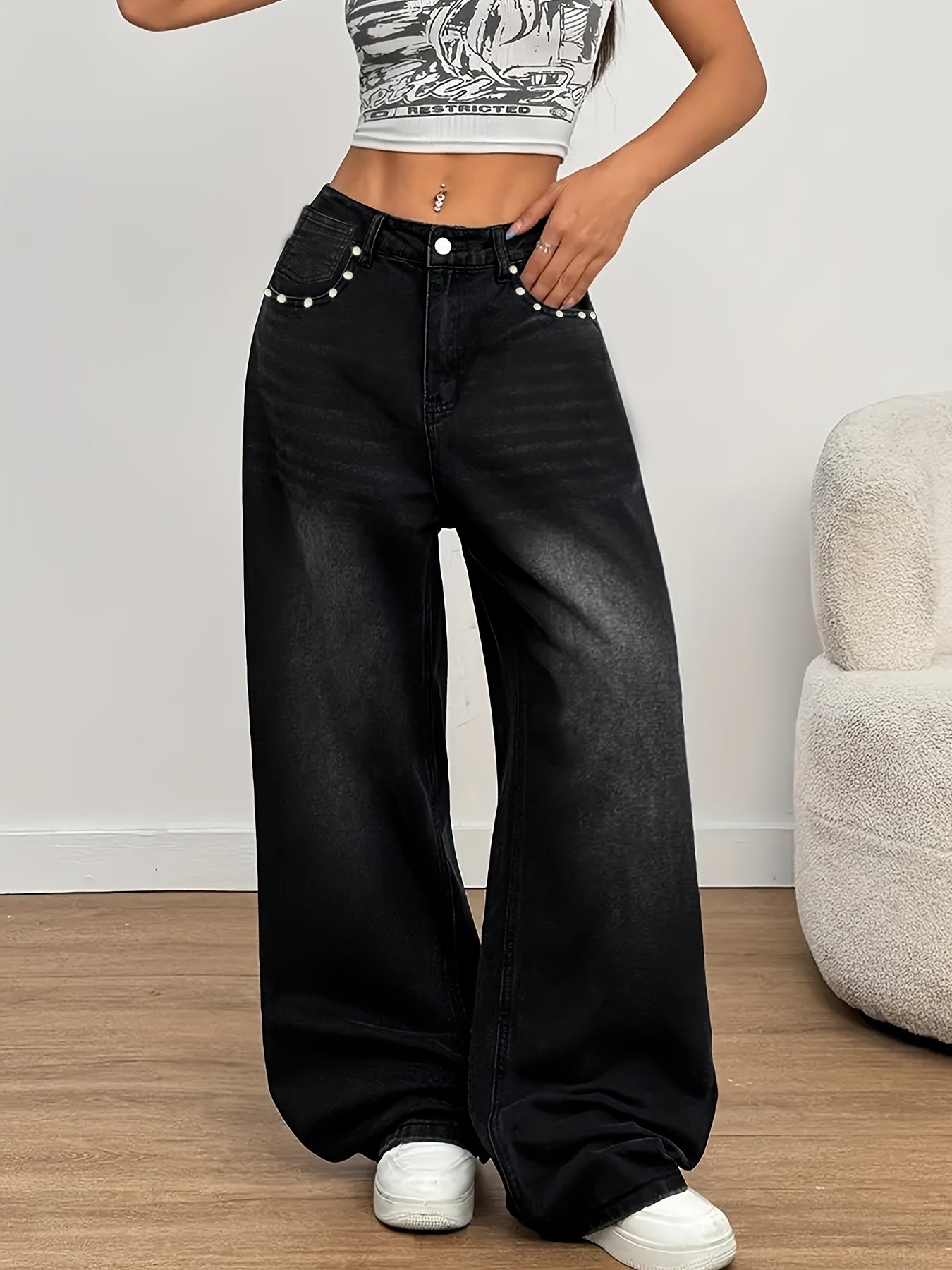 Jeans Femme Taille Haute Noir Jambe Droite Extensible Poches Obliques Clous Confortable Toute Saison Polyvalent