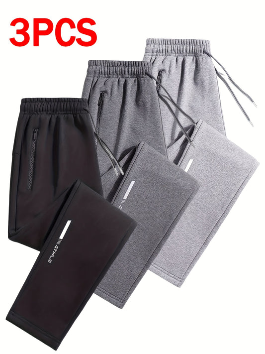 Lot de 3 Joggers Homme – Tissu Maille Douce, Taille à Cordon, Jambe Droite, Poches Zippées, Gris Chiné/Bleu Marine