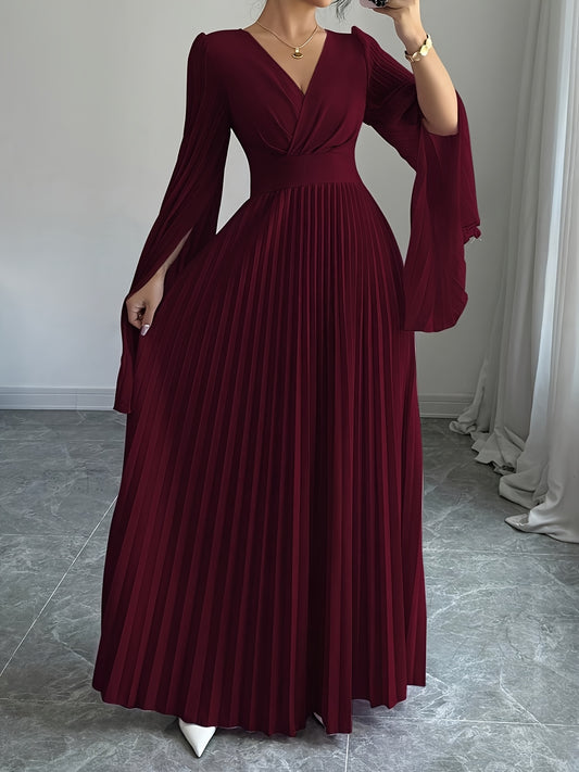 Elegant And Romantic Long Dress for Women with a V-Neck And Pleated Open Sleeves, Perfect for Parties, Gatherings, And Casual Occasions. This Solid Color, Waist-Cinching, Pleated Skirt Is a Fashionable And Versatile Choice fo