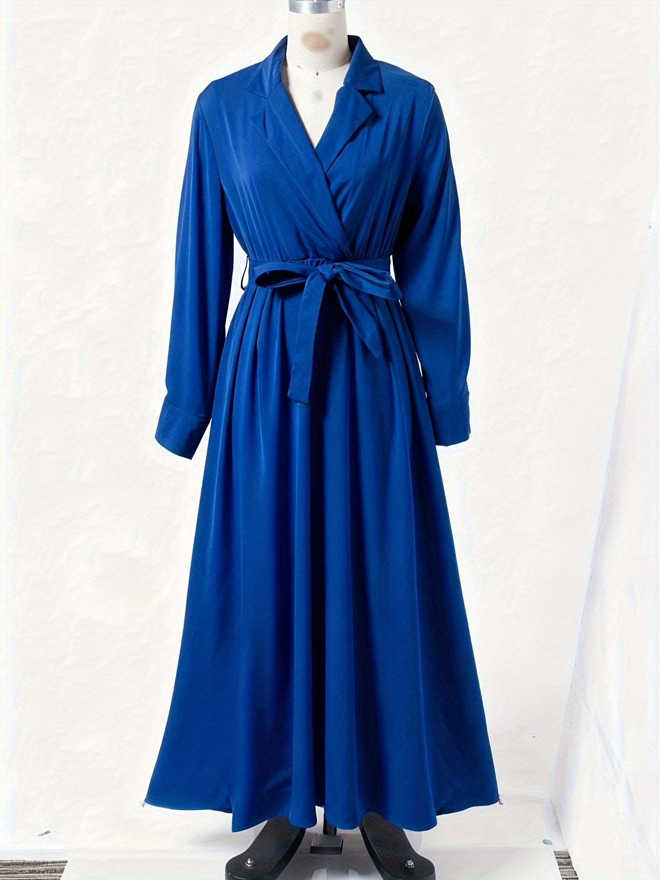 Women's Elegant A-Line Maxi Dress with Collar & Lace-Up Waist - Solid Color Formal Wedding Party Dress, Long Sleeve Flowing Flared, Machine Washable (Elegant Special Line Collection)