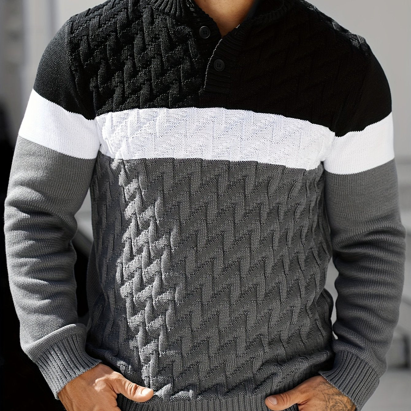 Men'S Casual Stand Collar Pullover Sweater - Stylish Quarter Button Geometric Knit Design, Long Sleeve, Regular Fit for Fall/Winter