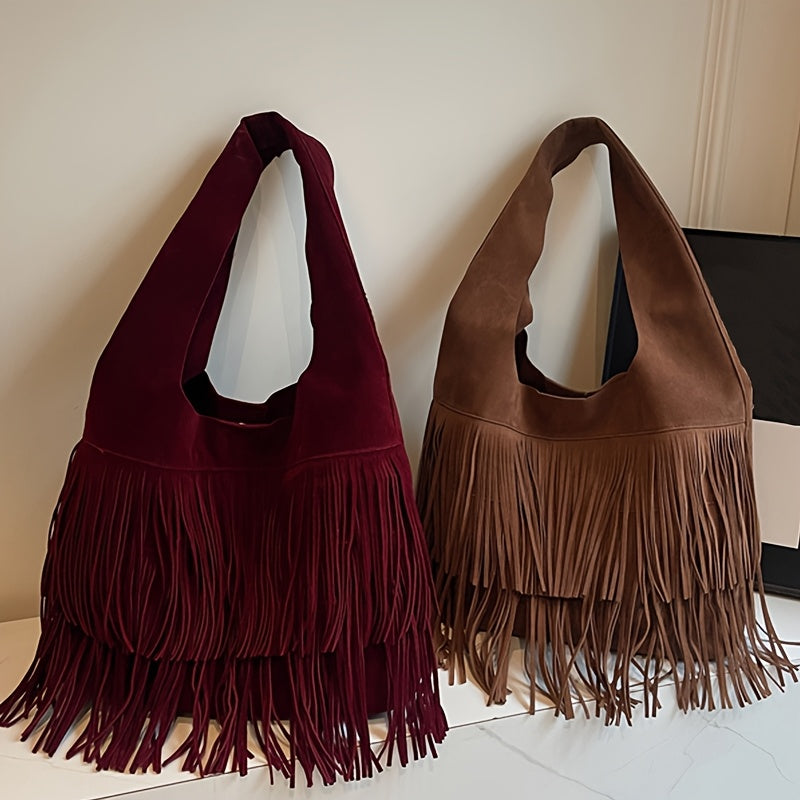 Sac Cabas Femme  Bordeaux à Franges avec Fermeture Éclair et Détails à Franges – Sac à Main Style Tote, Bandoulière Fixe, Sans Fermeture Supplémentaire – Couleurs : Café / Marron / Noir / Bleu Marine / Bordeaux