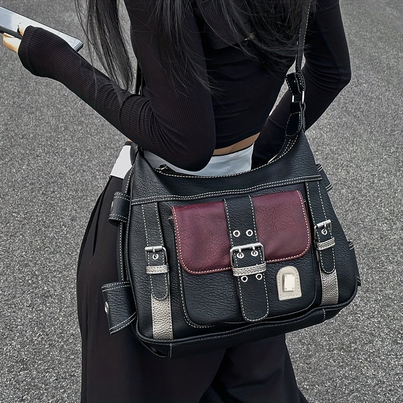 Sac tote rétro urbain pour femmes – Noir, bandoulière réglable, poches zippées