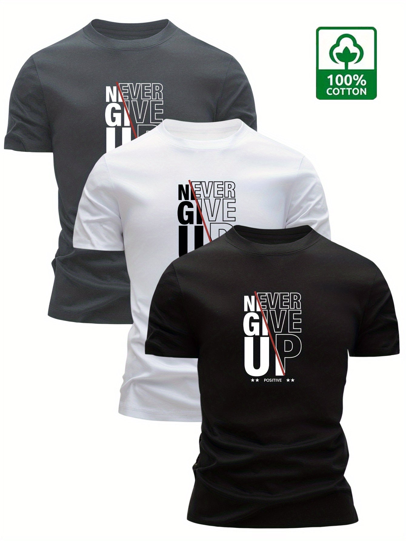 3pcs Men's 100% Slim Fit T-Shirts - Never Give Up Motivational Lettering Print, Breathable Summer Tees with Bold White & Black Lettering, Gym & Everyday Casual Wear, White/Gray/Black with Red Accent - Motivational Apparel for