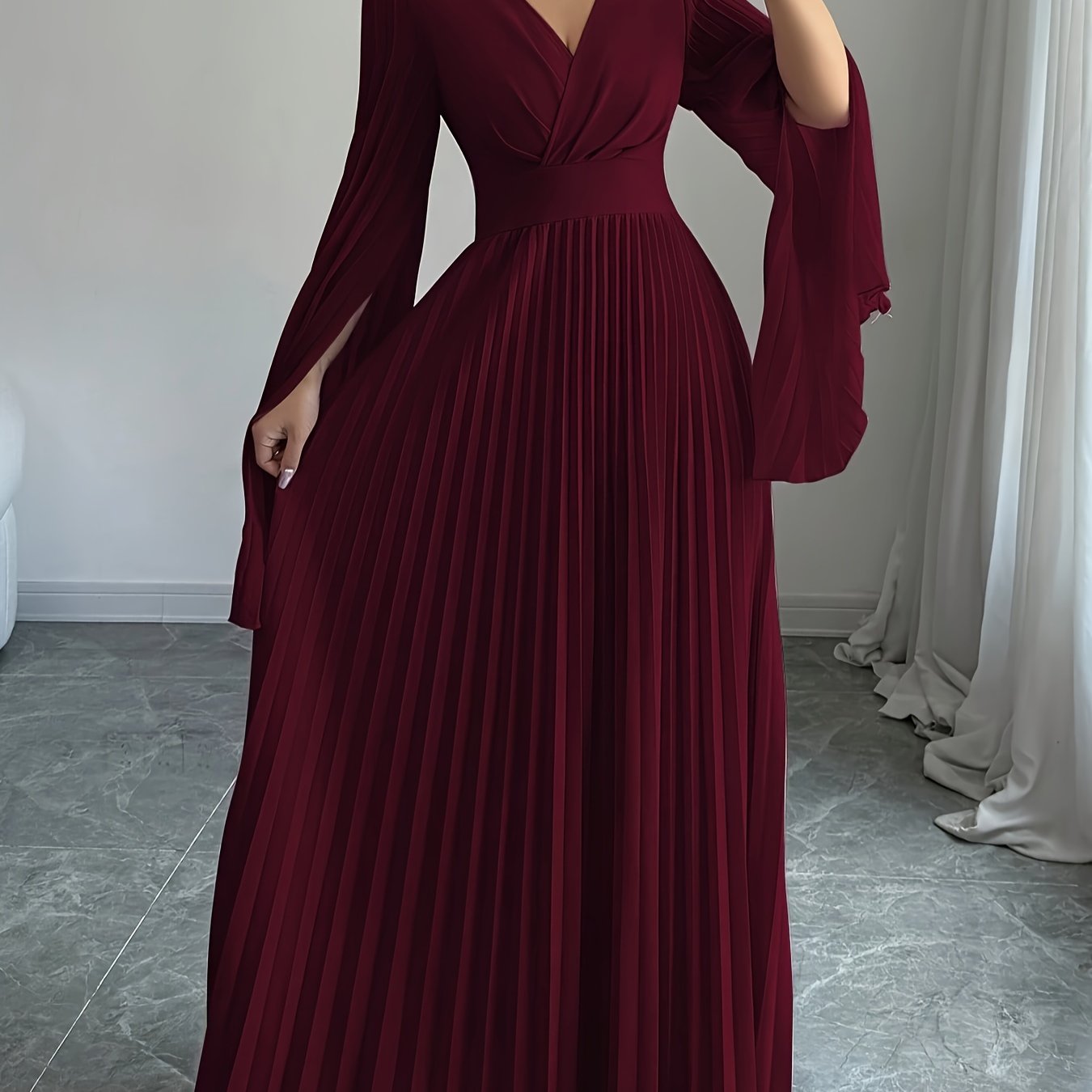 Women's Elegant V-Neck Pleated Open Sleeve Maxi Dress - Fitted Solid Color Machine Washable Spring/Summer Casual & Formal Outfit, Spring Fashion, Quality Craftsmanship