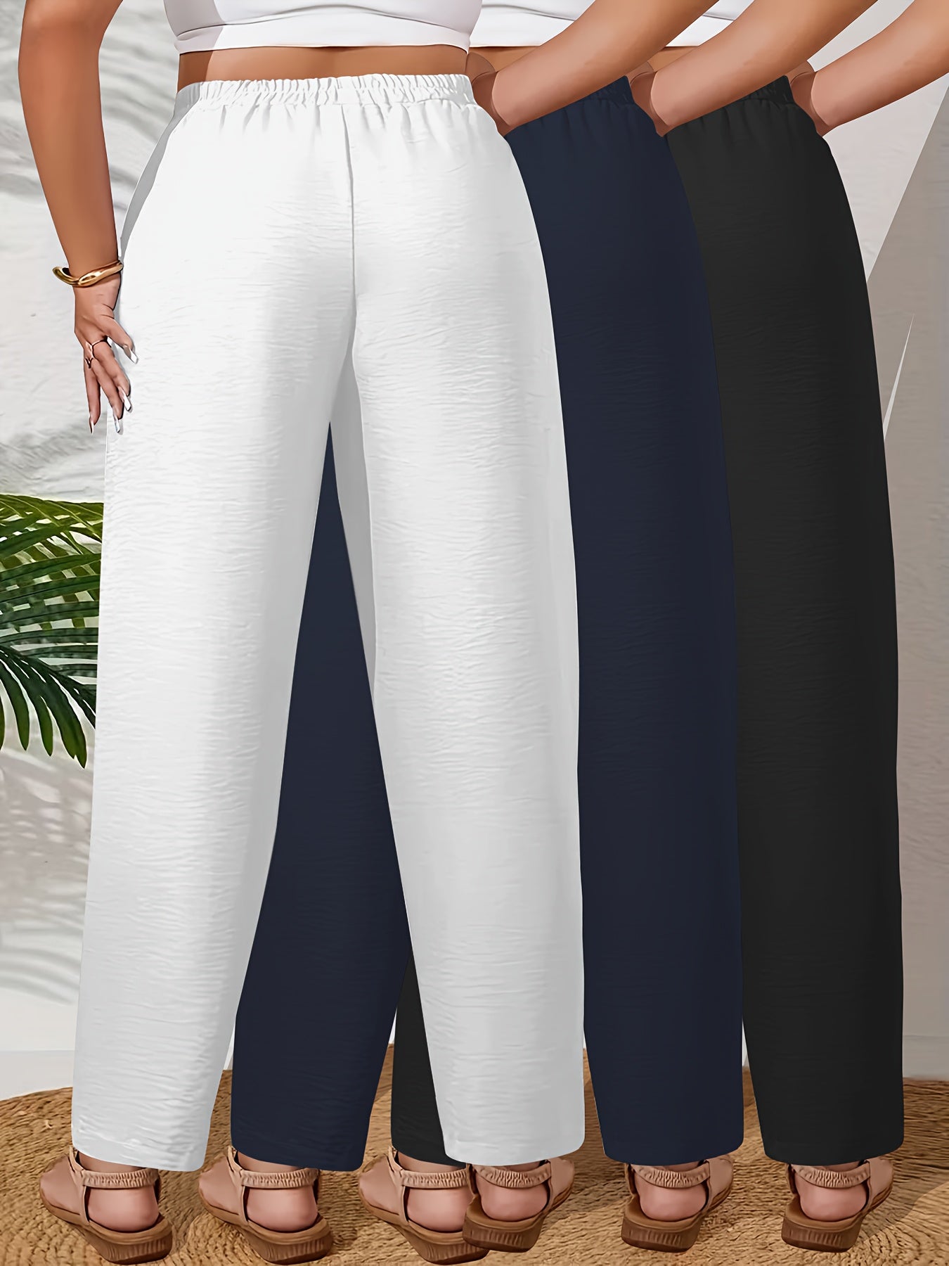 Lot de 3 Pantalons Femme Grande Taille – Taille Haute, Droits, Élastiques avec Poches, Couleur Unie, Tous Saisons