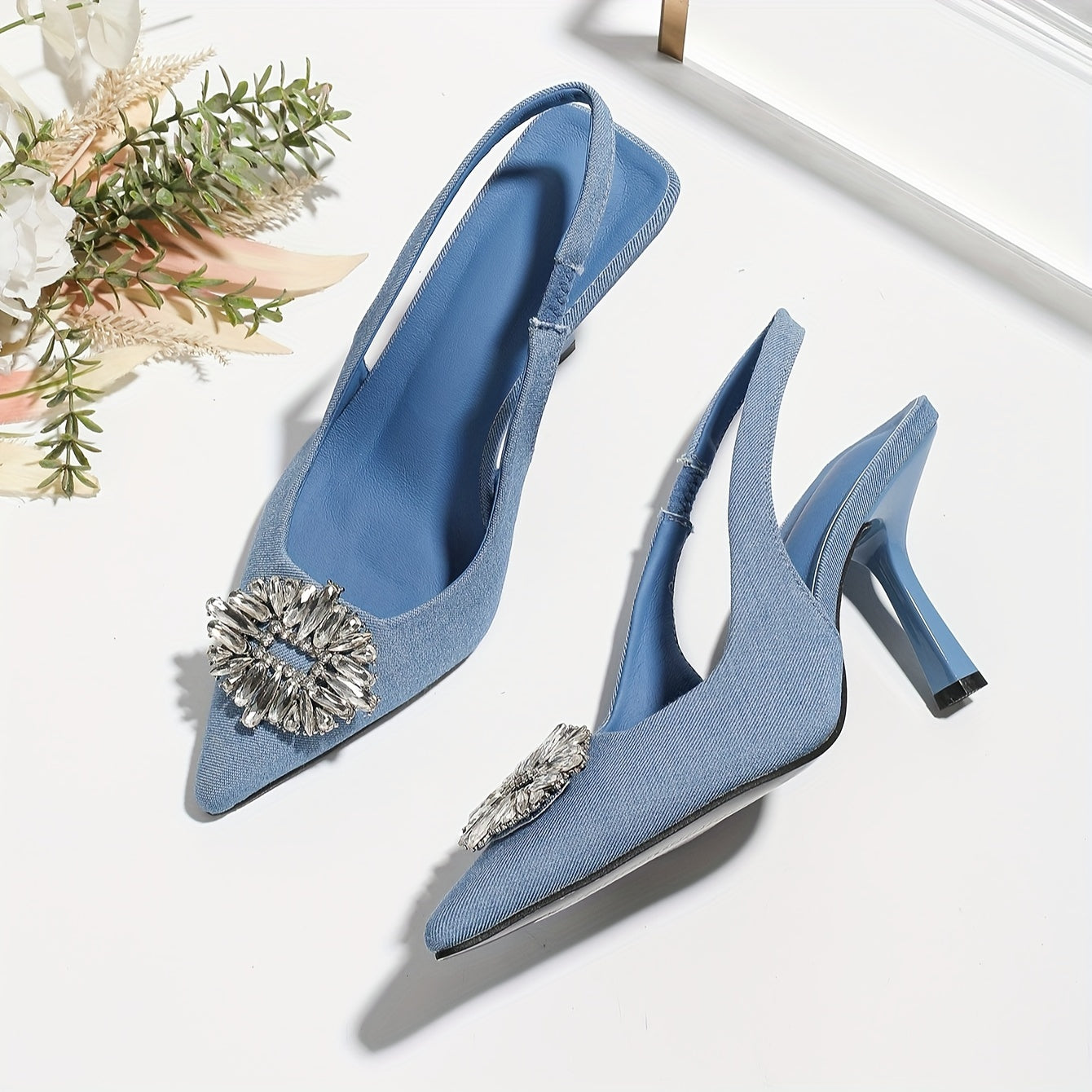 Sandales à Talons Aiguilles pour Femme – Bout Pointu Bleu, Bride à la Cheville en Verre, Enfilage Facile, Élégantes et Polyvalentes Toutes Saisons pour Occasions Décontractées et Formelles, Semelle en Caoutchouc pour Stabilité