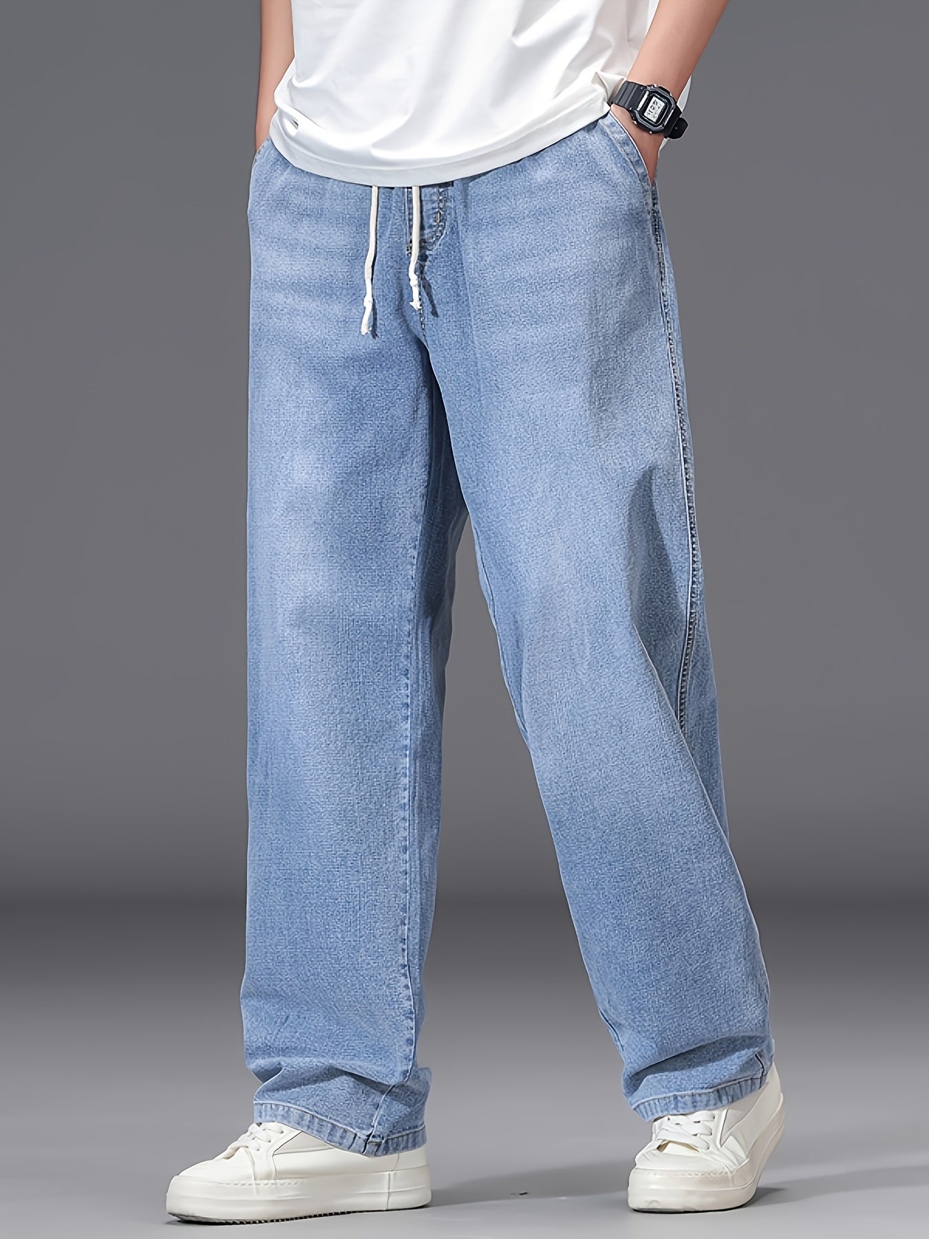 Jeans grande taille pour homme – bleu clair, coupe droite ample, taille élastique, style décontracté, confortable et stylé