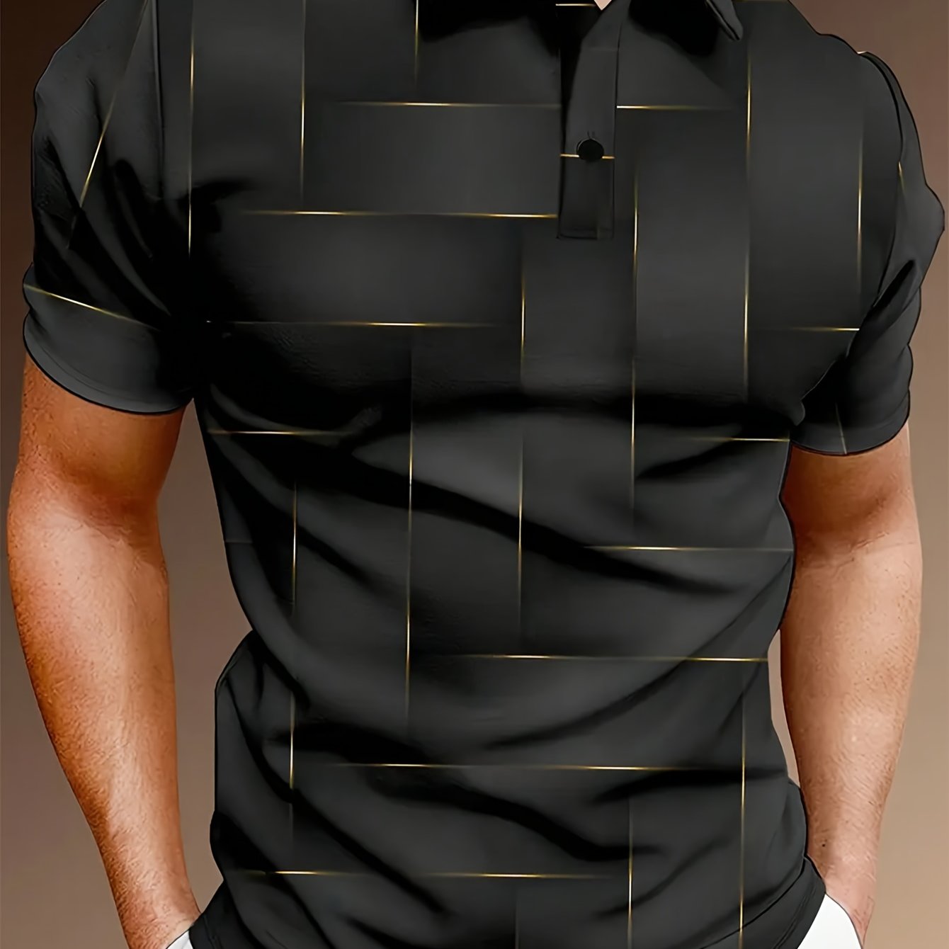 Men's Stylish Black & Golden Geometric Print Shirt - Short Sleeve, Casual Golf Sportswear, Digital Printing, Button-Up Collar, Polyester, All-Season Wear