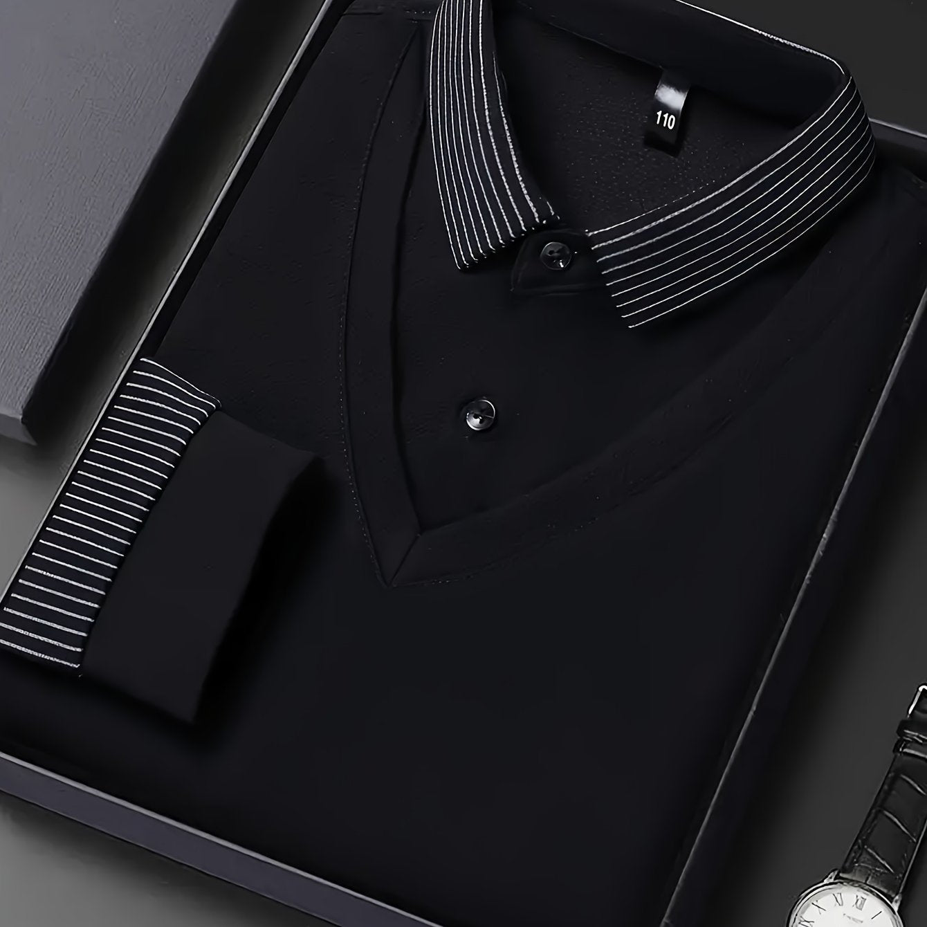 Men'S Two-in-One Long Sleeve T-Shirt - Navy & Striped Patchwork Collar Shirt, Button-Up Front, Breathable Fabric, Regular Fit for Business & Casual Wear, Versatile Clothing | Classic Collar Shirt | Stylish Contrast Design