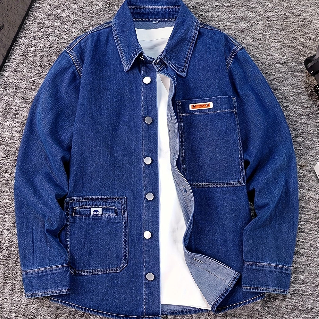 Men's Plus Size Loose Fit Non-Stretch Denim Shirt - Asymmetrical Chest Pockets, Classic Collar Long Sleeve Casual & Evening Shirt for Spring/Fall, Machine Washable, Durable Fabric, Fall Outfit, Stylish Menswear, Sturdy