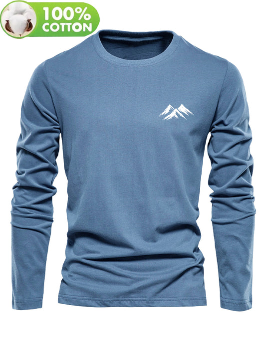 Men's 100% Cotton Long Sleeve T-Shirt with White Mountain Logo Print - Casual Round Neck Pullover, Thick Short-Season Layering Top for & Casual Attire, Spring/Fall Wardrobe Essential (Regular Fit, Hand Washable) - 100% Breath