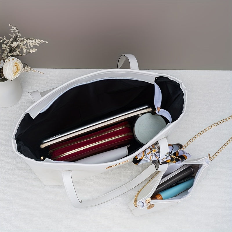 Ensemble deux pièces élégant – sac fourre-tout embossé motif vague avec compartiment tablette, sac bandoulière pour trajets quotidiens, léger, fermeture zippée, simili cuir noir/blanc, plat et portable